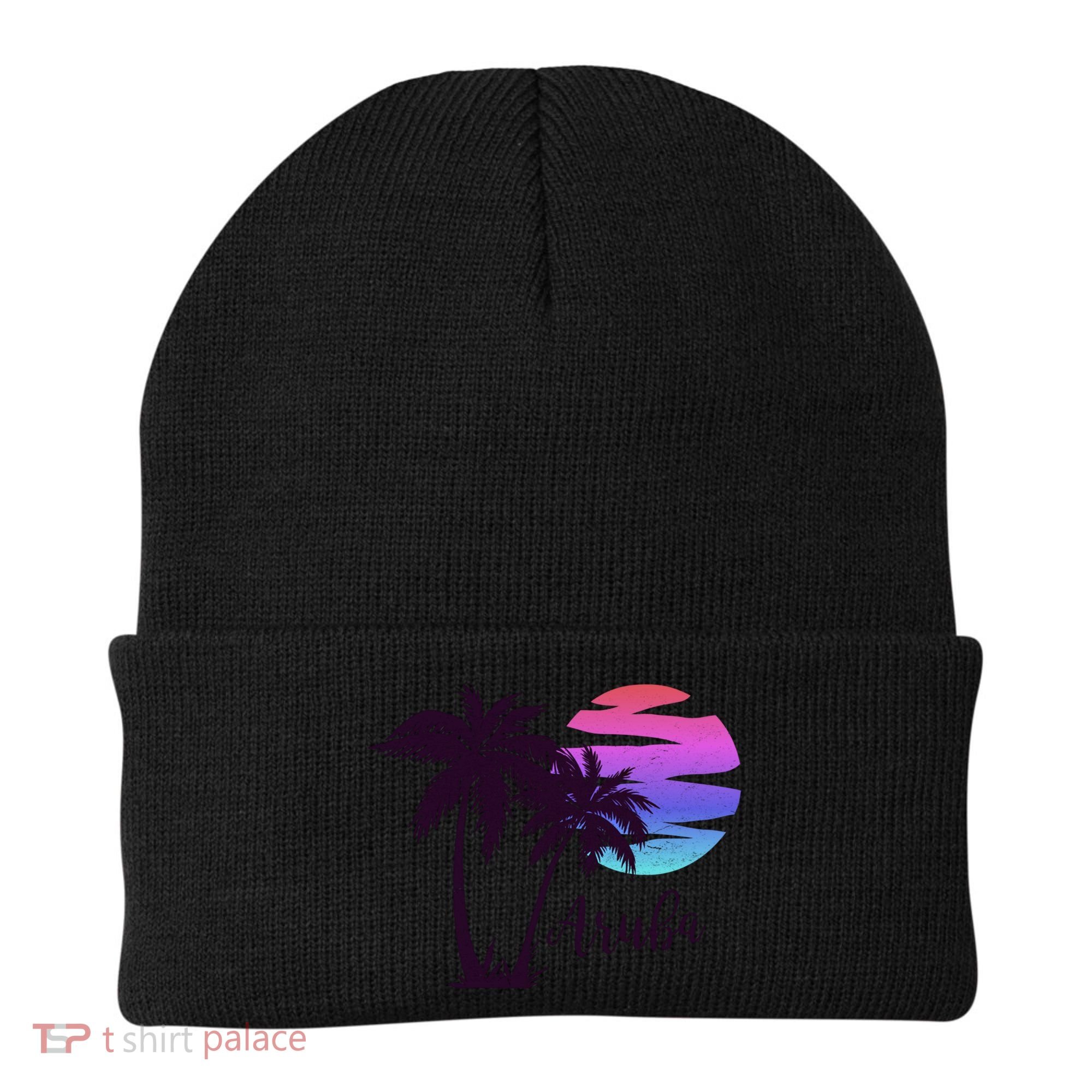 Aruba Beach Vacation Caribbean Cruise Retro Sunset Palm Tree Meaningful Gift Beanie