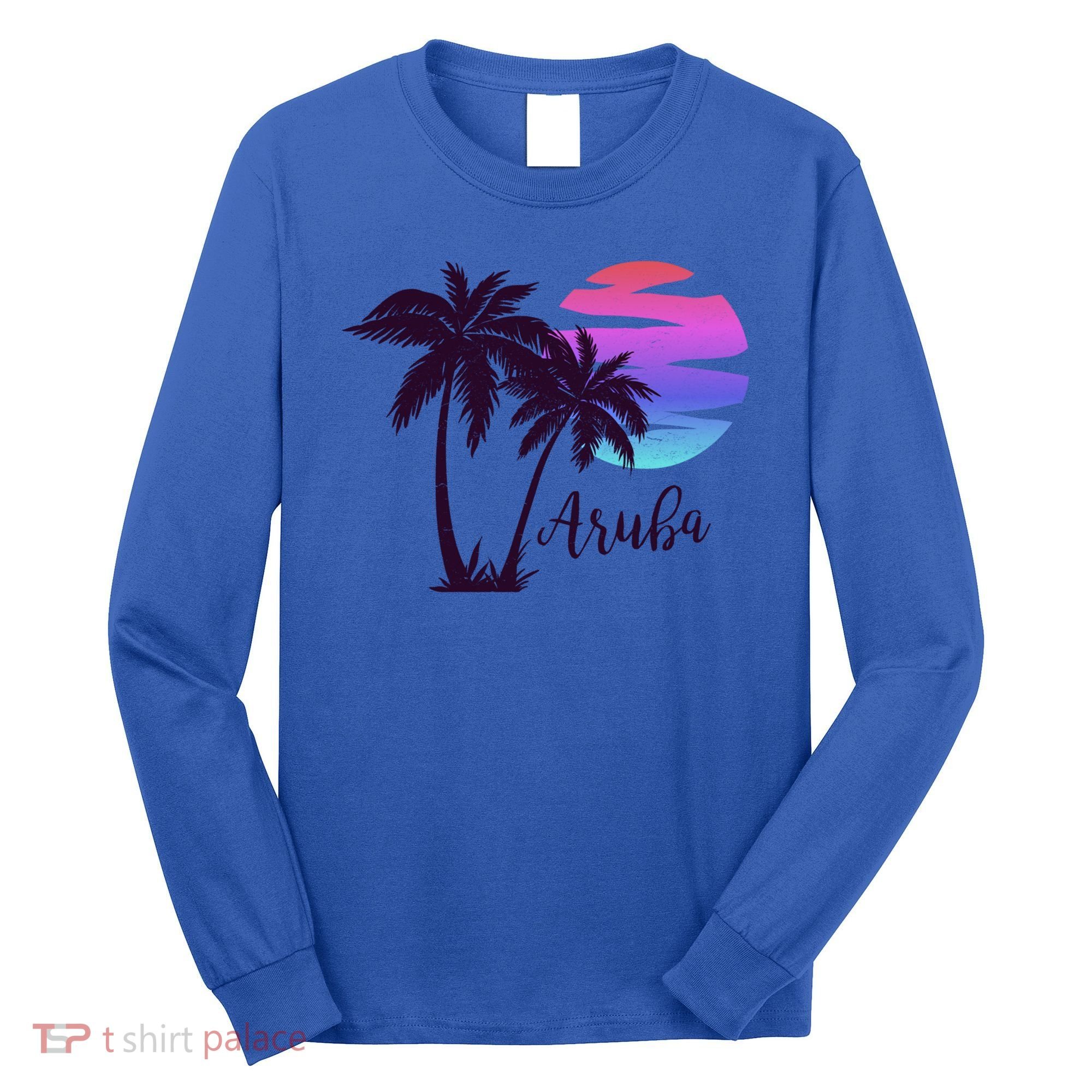 Aruba Beach Vacation Caribbean Cruise Retro Sunset Palm Tree Meaningful Gift Long Sleeve Shirt