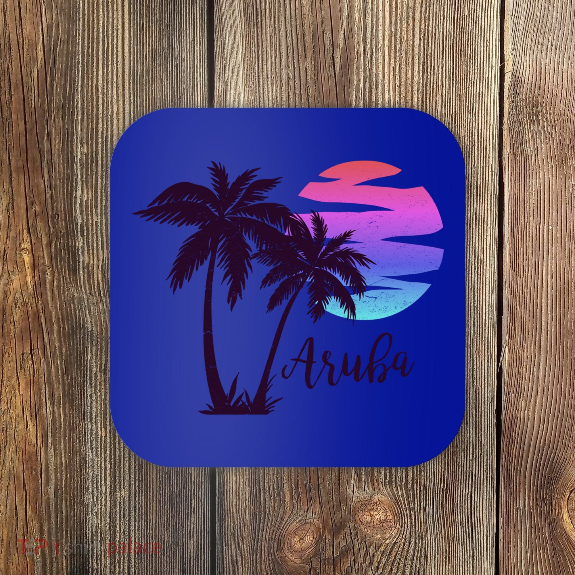 Aruba Beach Vacation Caribbean Cruise Retro Sunset Palm Tree Meaningful Gift Coaster