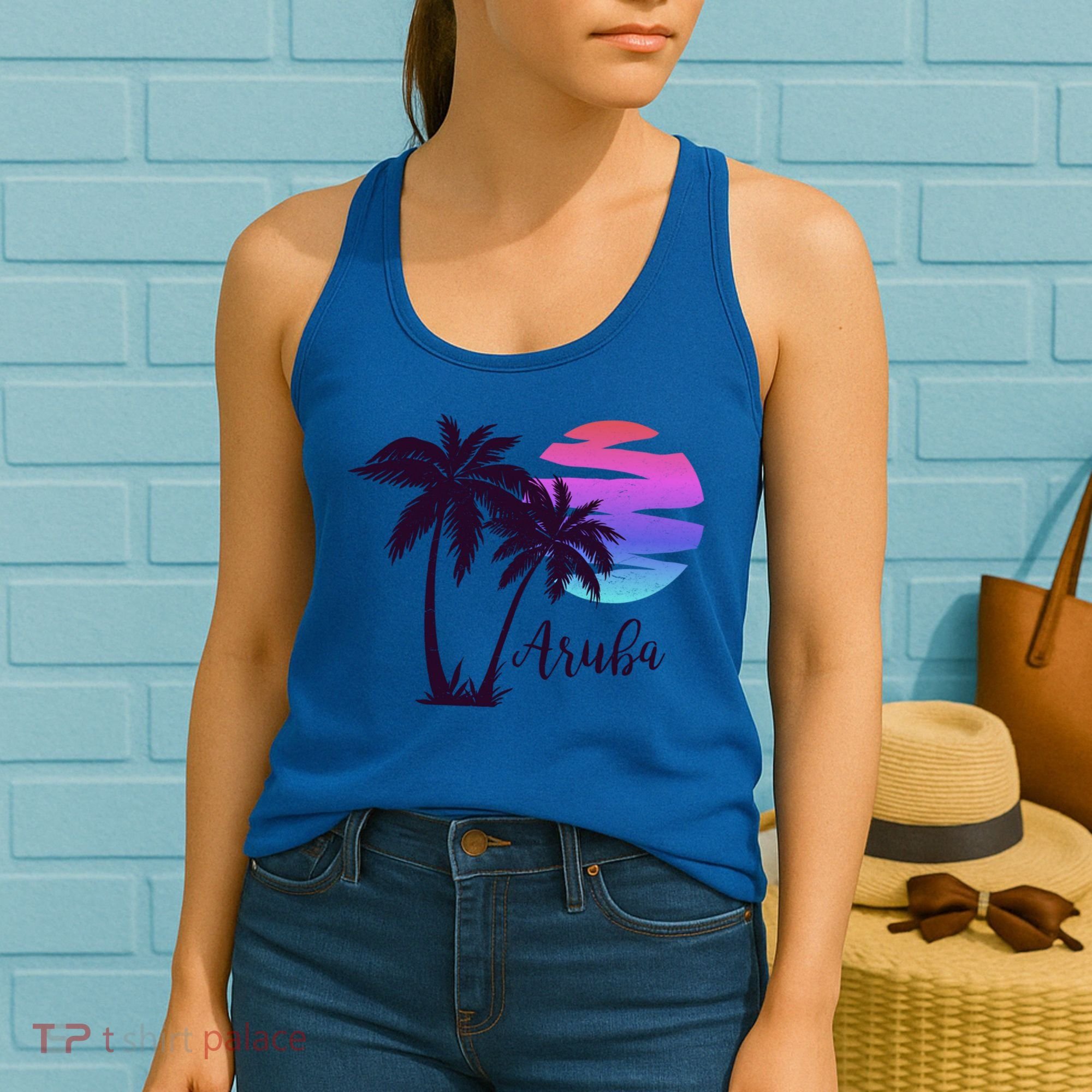 Aruba Beach Vacation Caribbean Cruise Retro Sunset Palm Tree Meaningful Gift Women's Tank Top