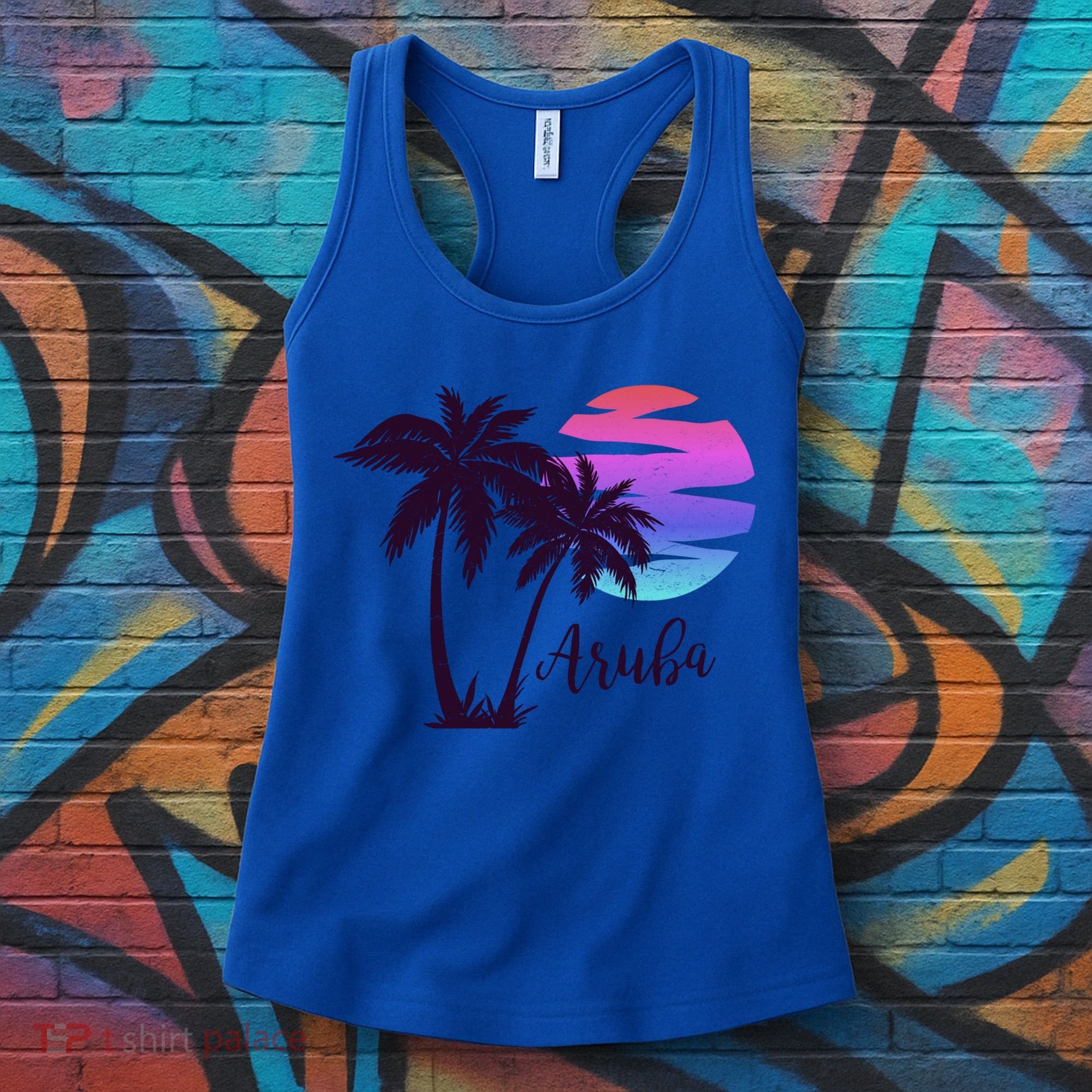 Aruba Beach Vacation Caribbean Cruise Retro Sunset Palm Tree Meaningful Gift Women's Tank Top