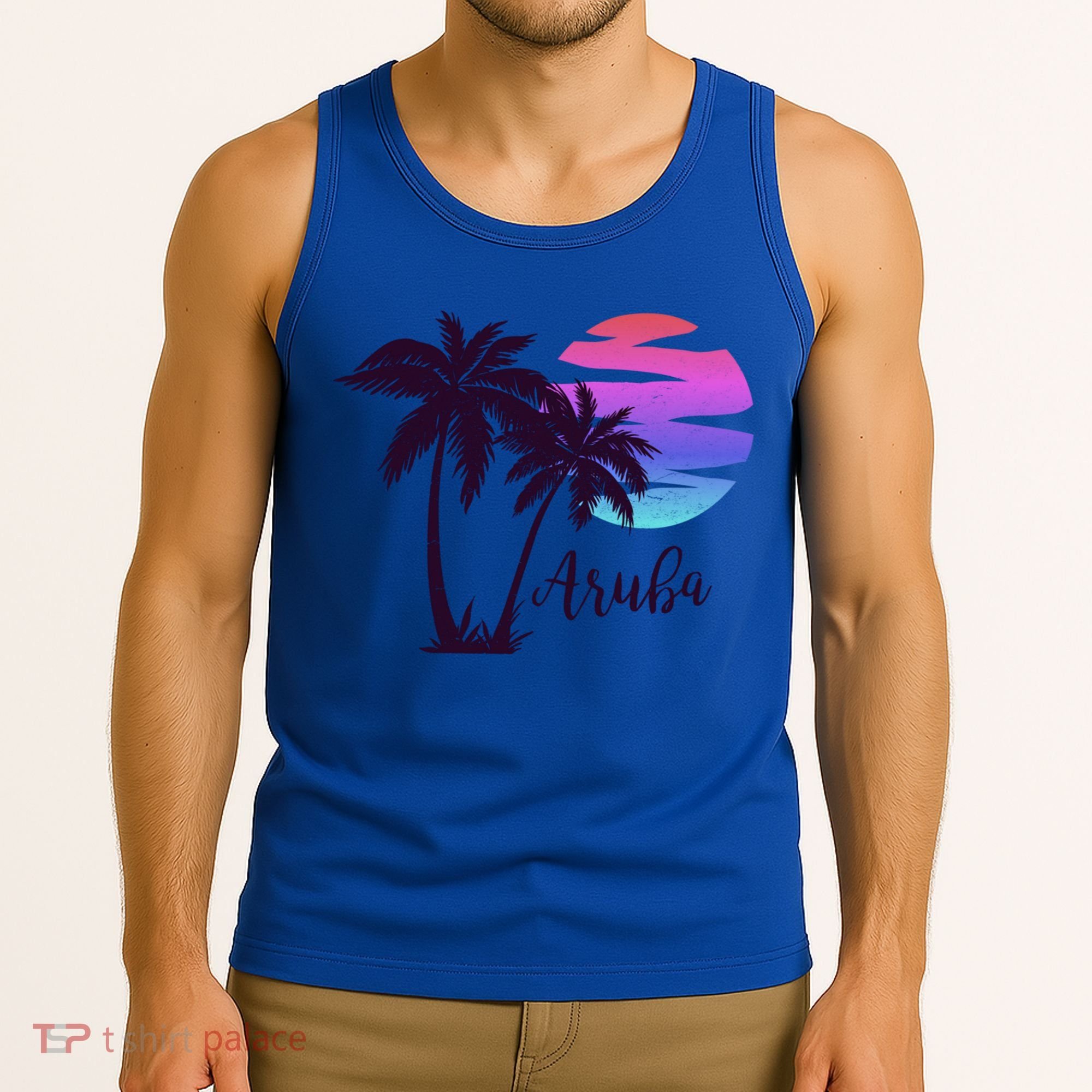 Aruba Beach Vacation Caribbean Cruise Retro Sunset Palm Tree Meaningful Gift Tank Top