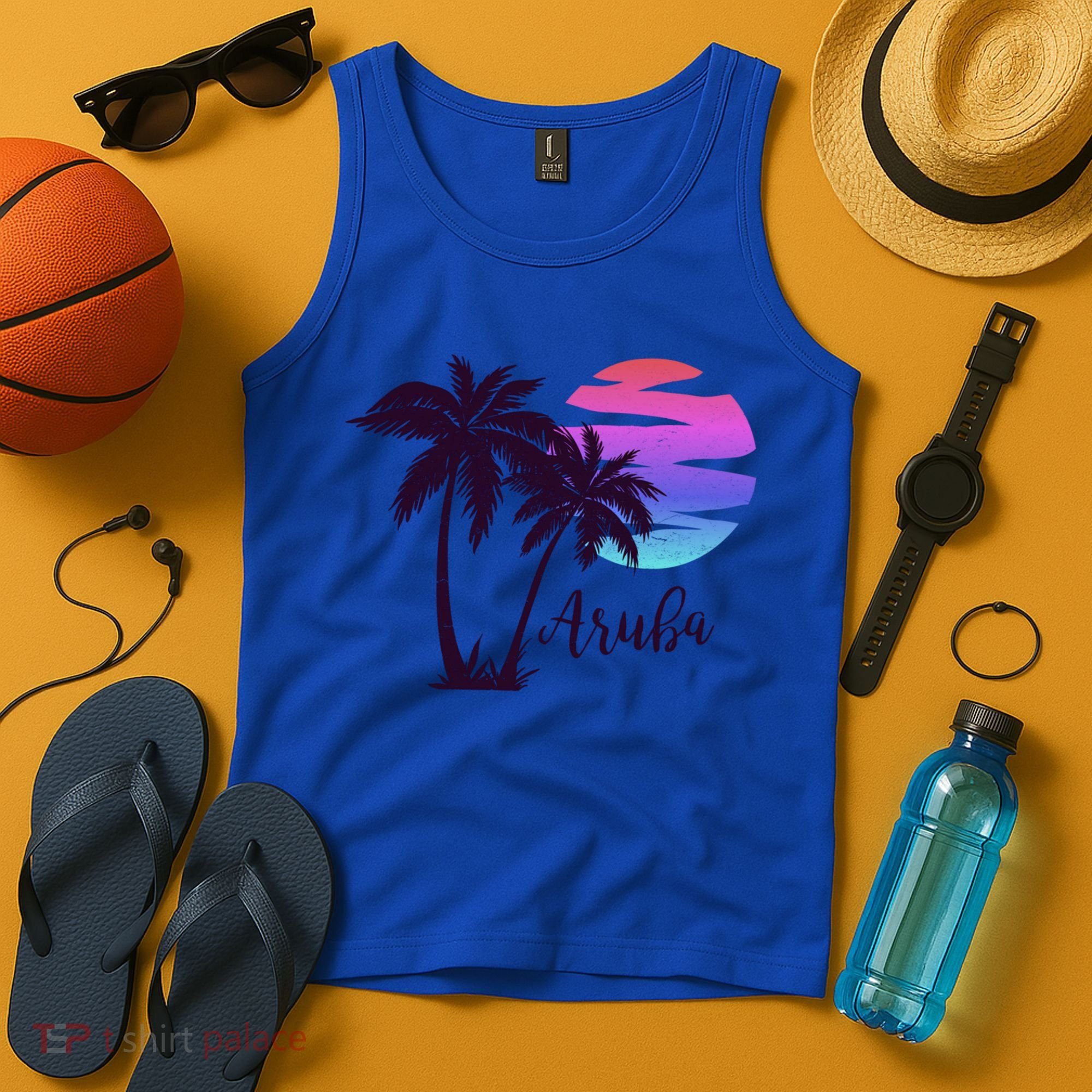Aruba Beach Vacation Caribbean Cruise Retro Sunset Palm Tree Meaningful Gift Tank Top