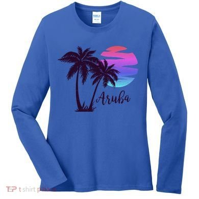 Aruba Beach Vacation Caribbean Cruise Retro Sunset Palm Tree Meaningful Gift Women's Long Sleeve Shirt