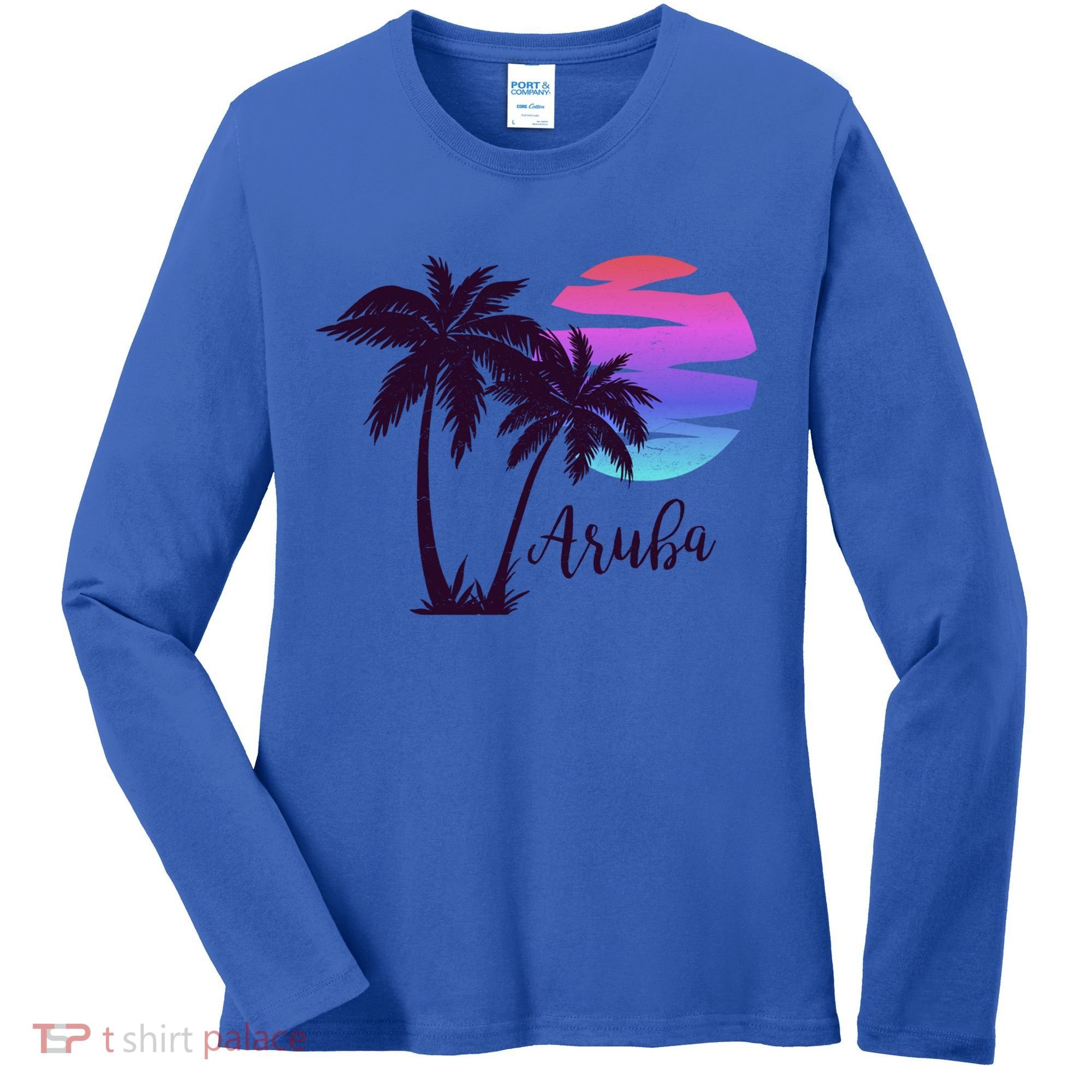 Aruba Beach Vacation Caribbean Cruise Retro Sunset Palm Tree Meaningful Gift Women's Long Sleeve Shirt