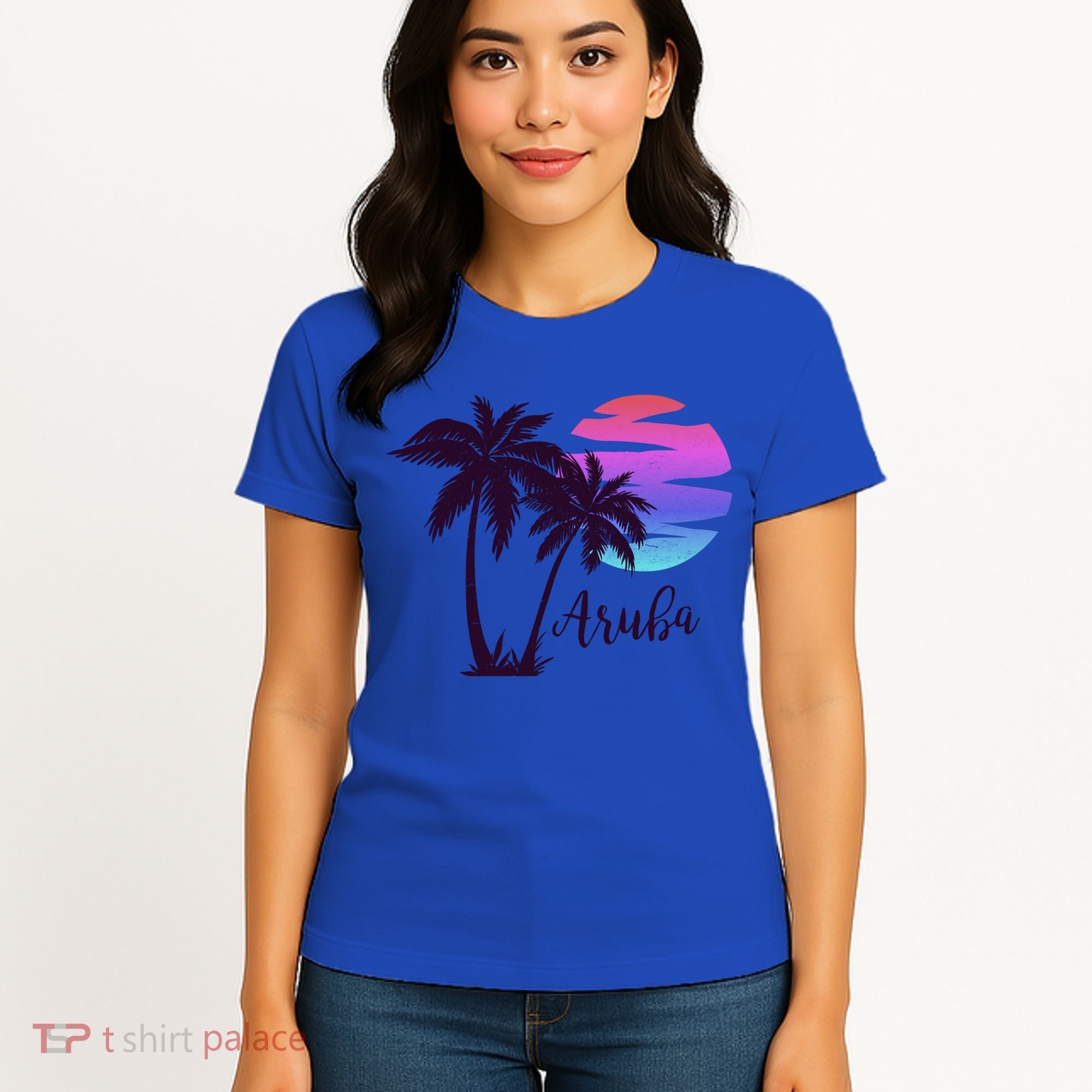 Aruba Beach Vacation Caribbean Cruise Retro Sunset Palm Tree Meaningful Gift Women's T-Shirt