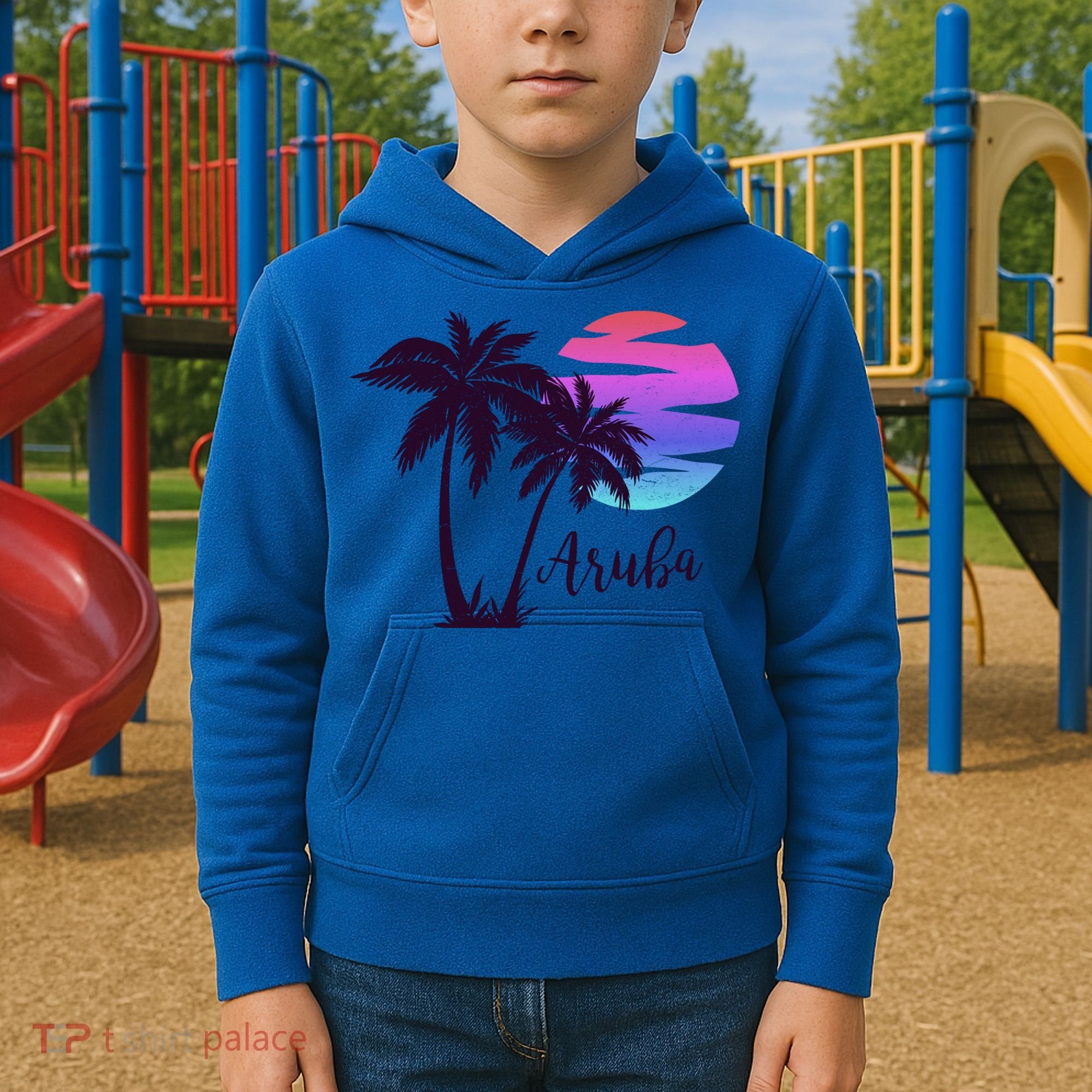 Aruba Beach Vacation Caribbean Cruise Retro Sunset Palm Tree Meaningful Gift Kids Hoodie