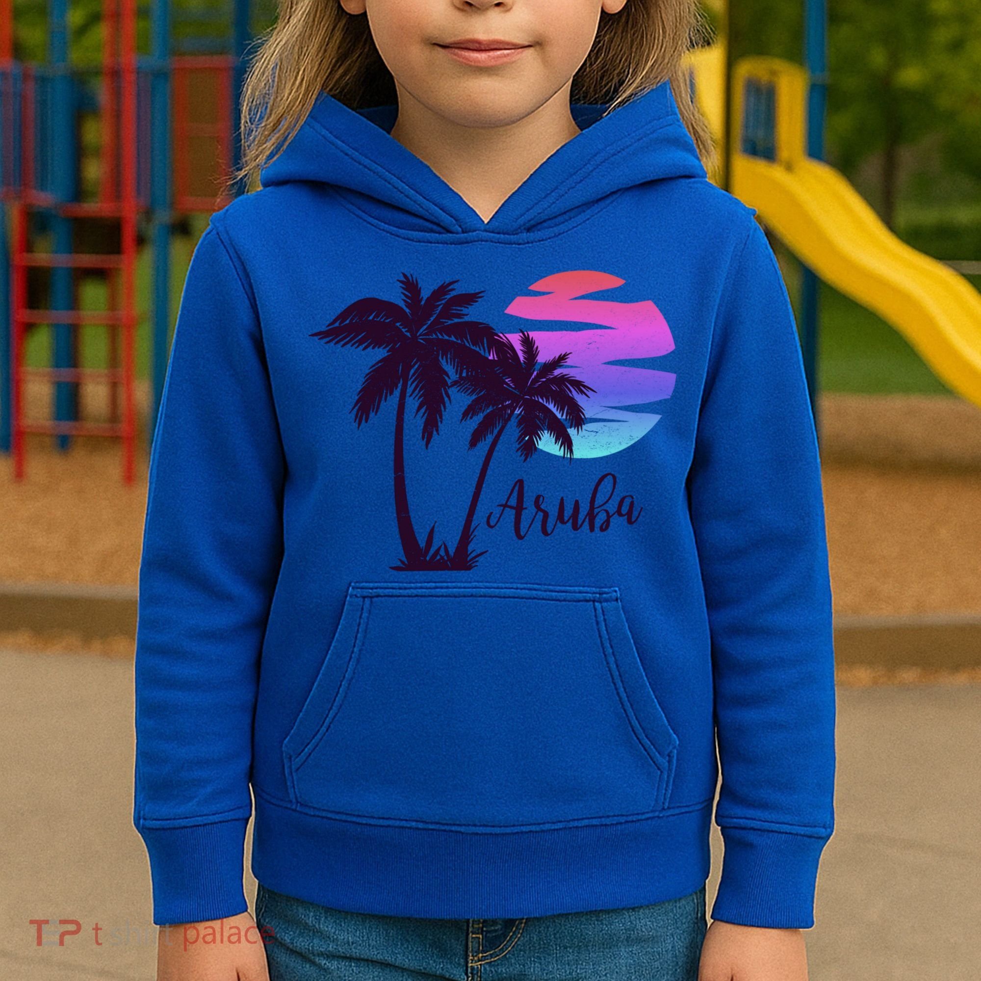 Aruba Beach Vacation Caribbean Cruise Retro Sunset Palm Tree Meaningful Gift Kids Hoodie