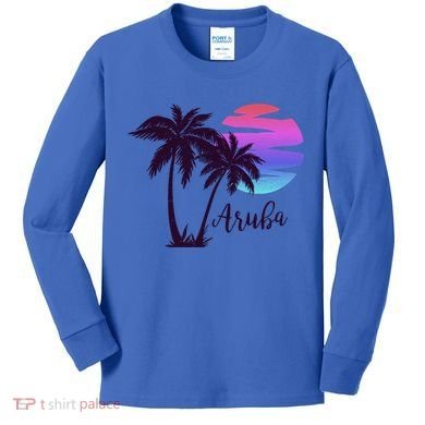 Aruba Beach Vacation Caribbean Cruise Retro Sunset Palm Tree Meaningful Gift Kids Long Sleeve Shirt