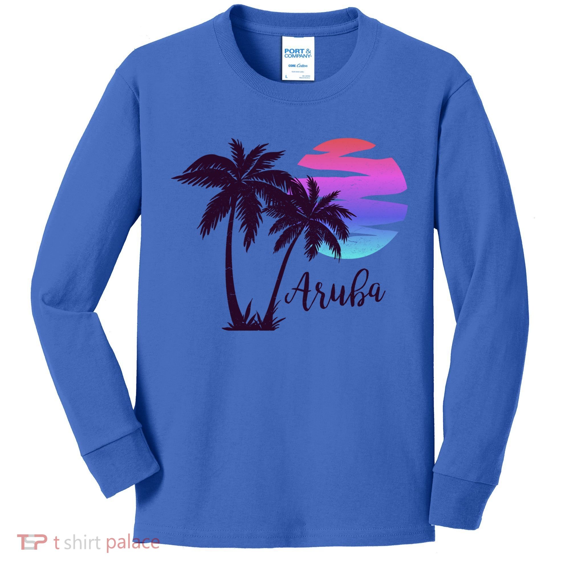 Aruba Beach Vacation Caribbean Cruise Retro Sunset Palm Tree Meaningful Gift Kids Long Sleeve Shirt