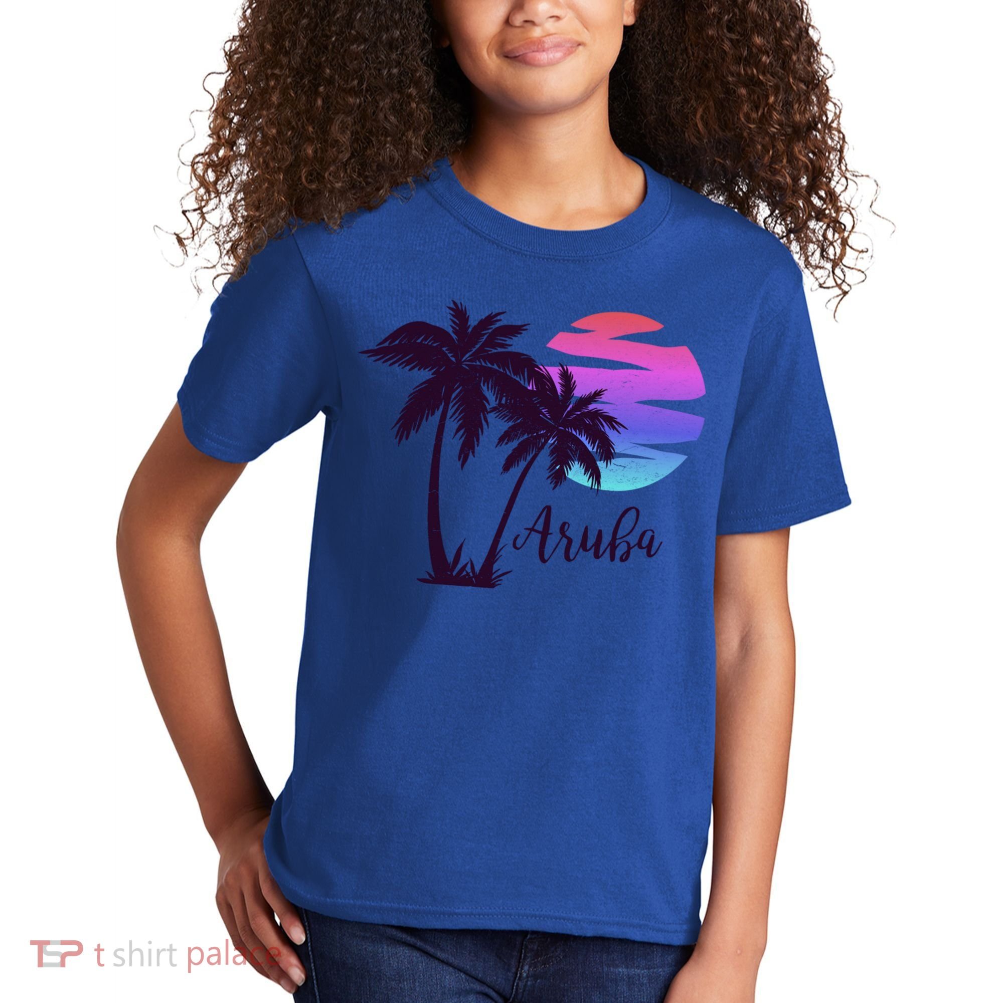 Aruba Beach Vacation Caribbean Cruise Retro Sunset Palm Tree Meaningful Gift Kids T-Shirt