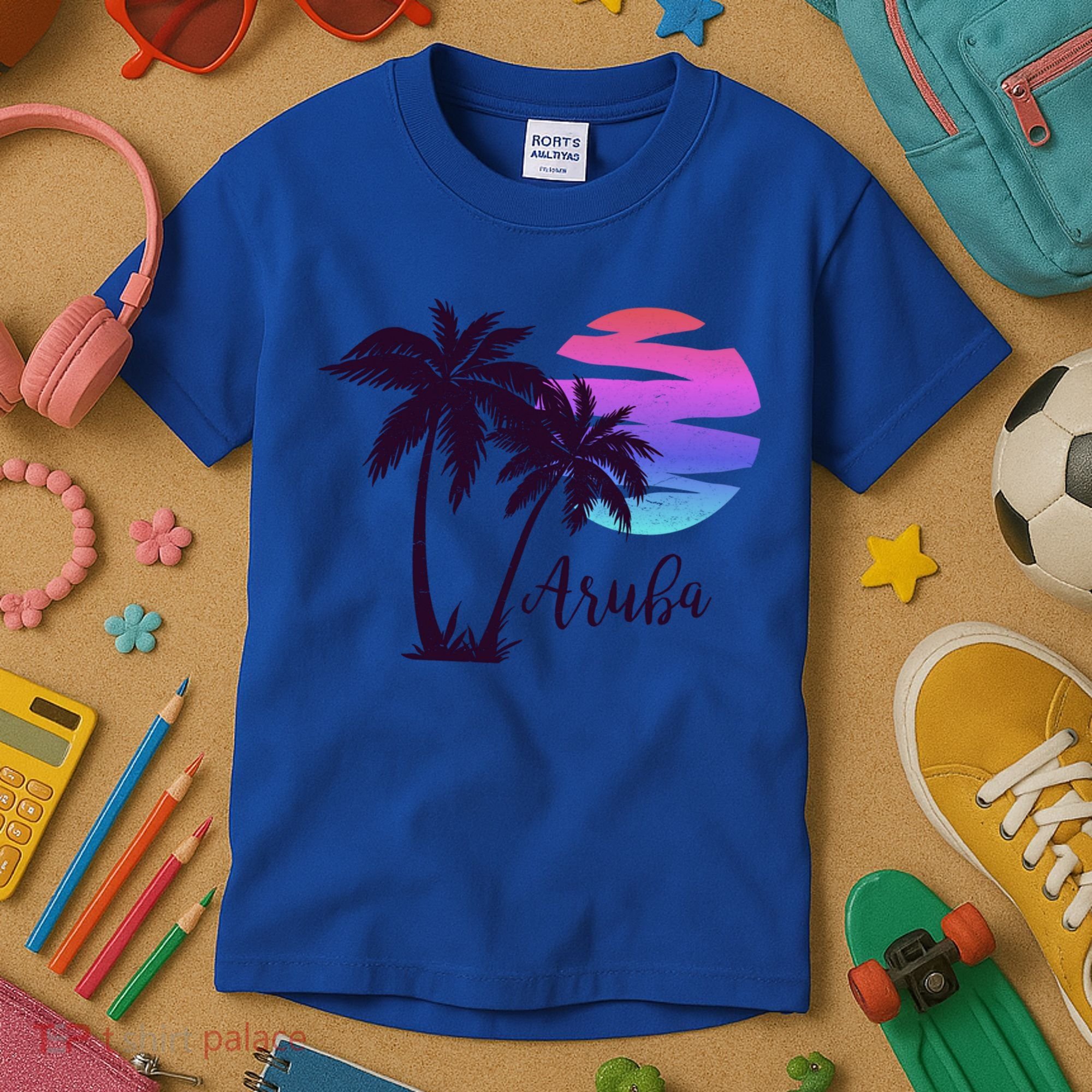 Aruba Beach Vacation Caribbean Cruise Retro Sunset Palm Tree Meaningful Gift Kids T-Shirt
