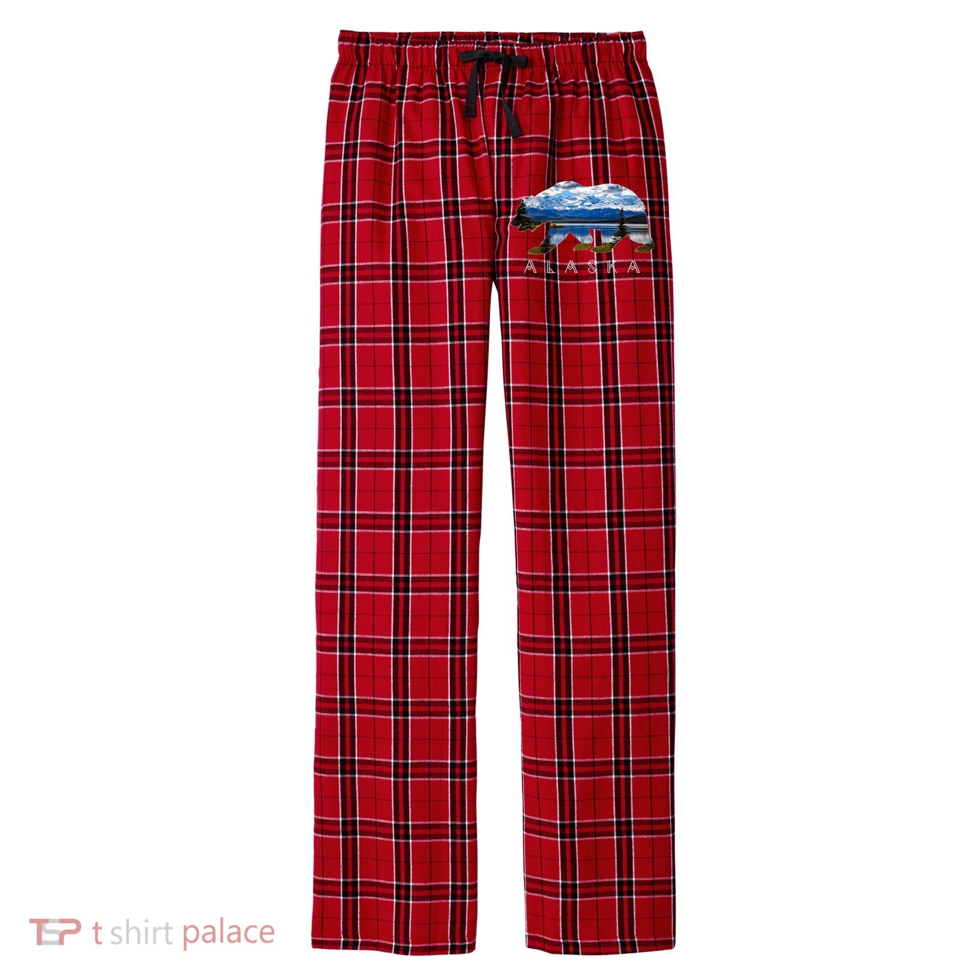 Alaskan Bear With Lake & Mountain Souvenir Men's Flannel Plaid Pajama Pants