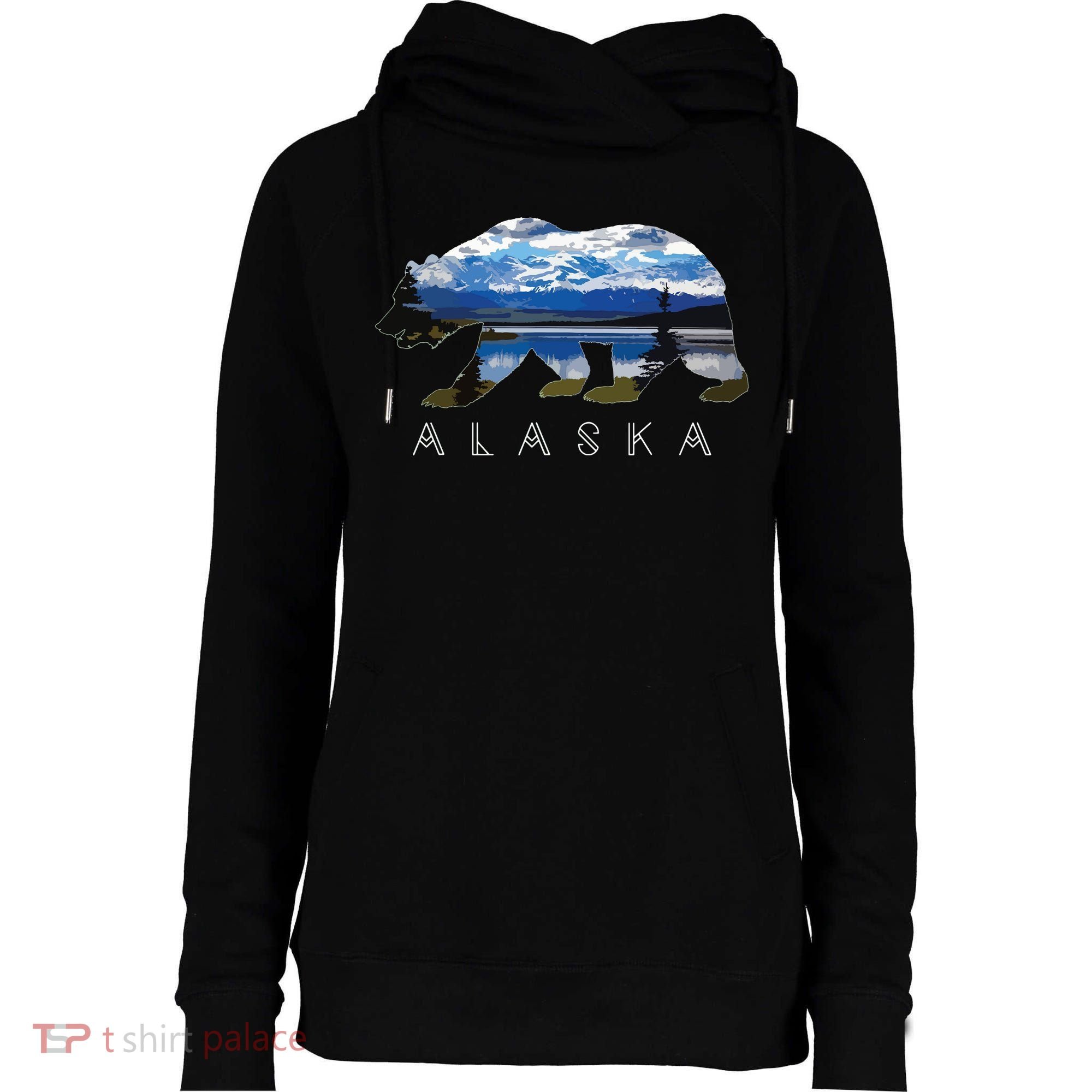 Alaskan Bear With Lake Mountain Souvenir Womens Funnel Neck Pullover Hood