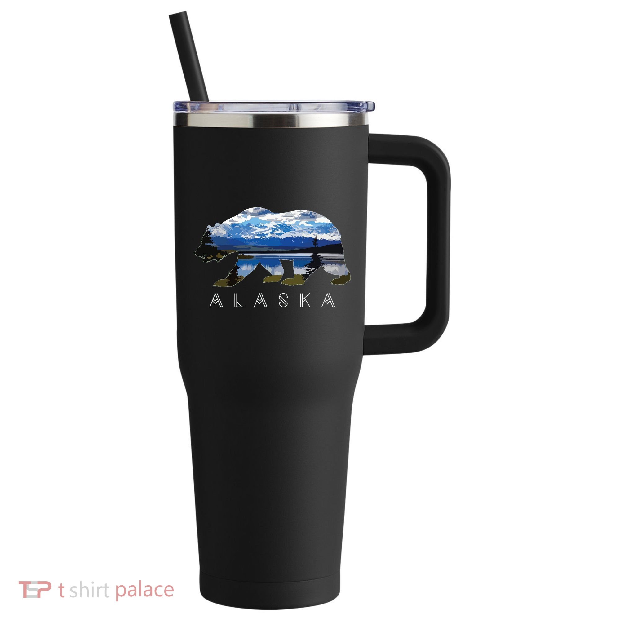 Alaskan Bear With Lake Mountain Souvenir 40oz Vacuum Insulated Stainless Steel Travel Tumbler