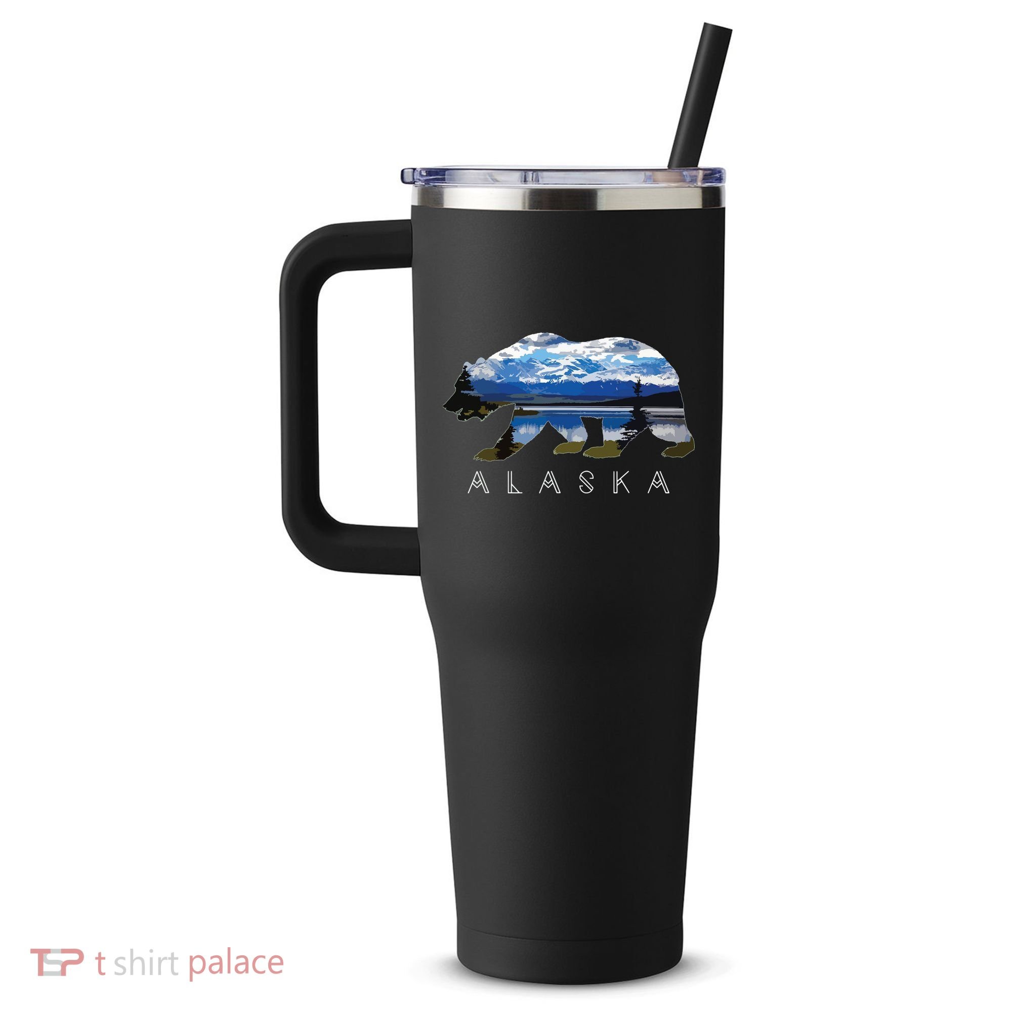 Alaskan Bear With Lake Mountain Souvenir 40oz Vacuum Insulated Stainless Steel Travel Tumbler