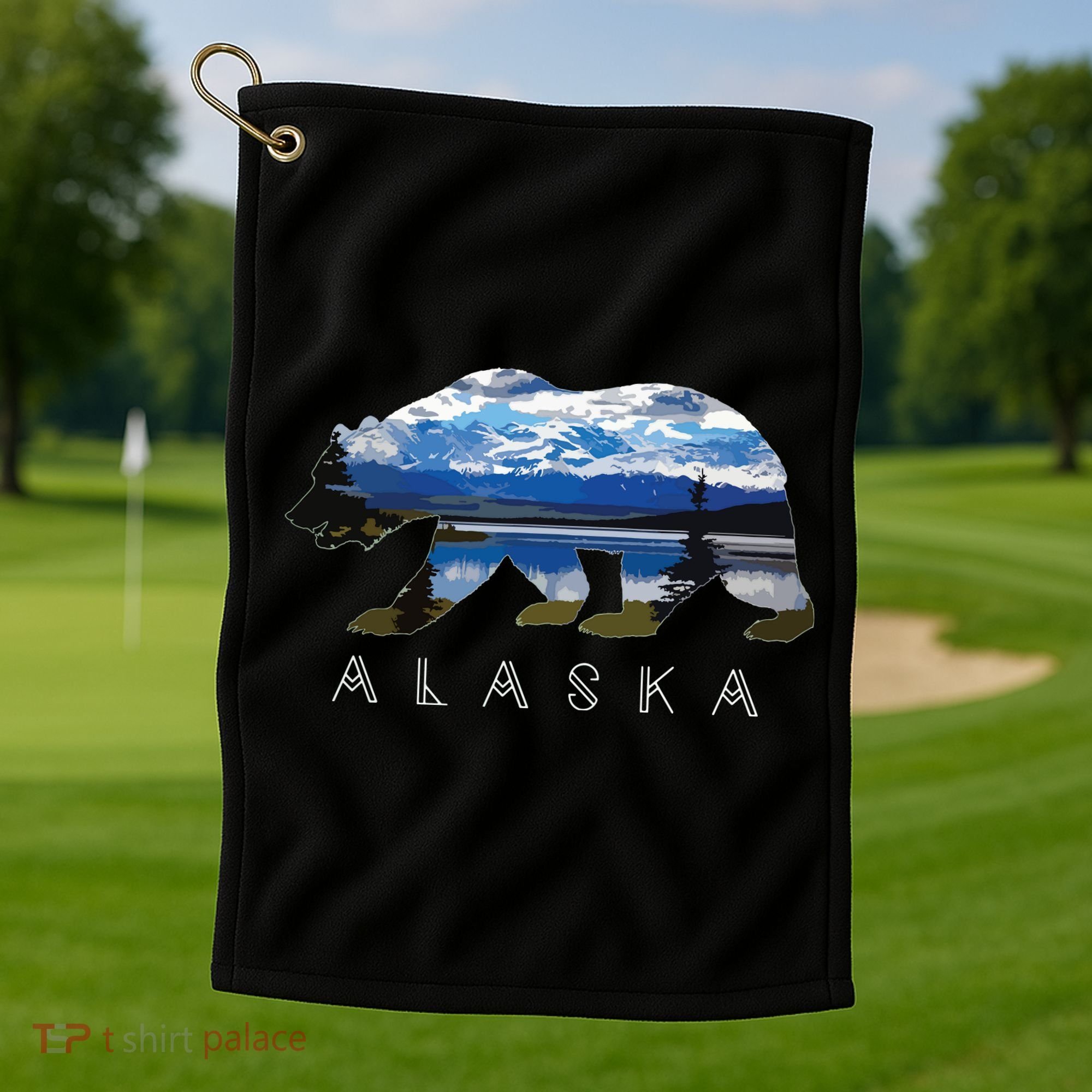 Alaskan Bear With Lake Mountain Souvenir Golf Towel