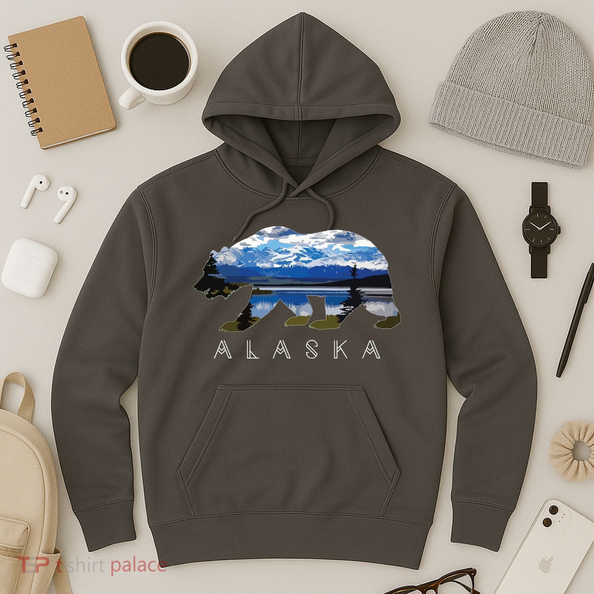 Alaskan Bear With Lake Mountain Souvenir Hoodie