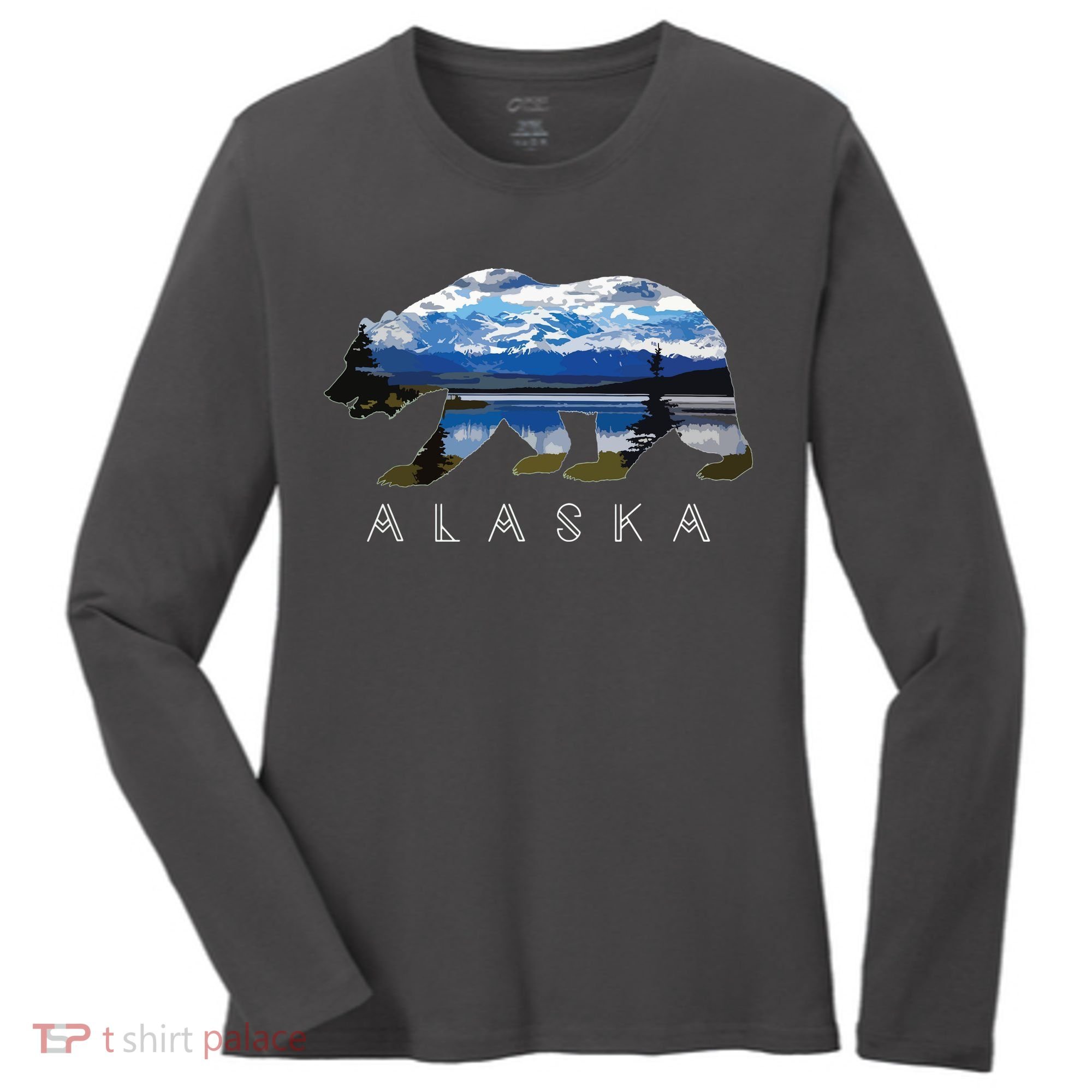 Alaskan Bear With Lake Mountain Souvenir Women's Long Sleeve Shirt