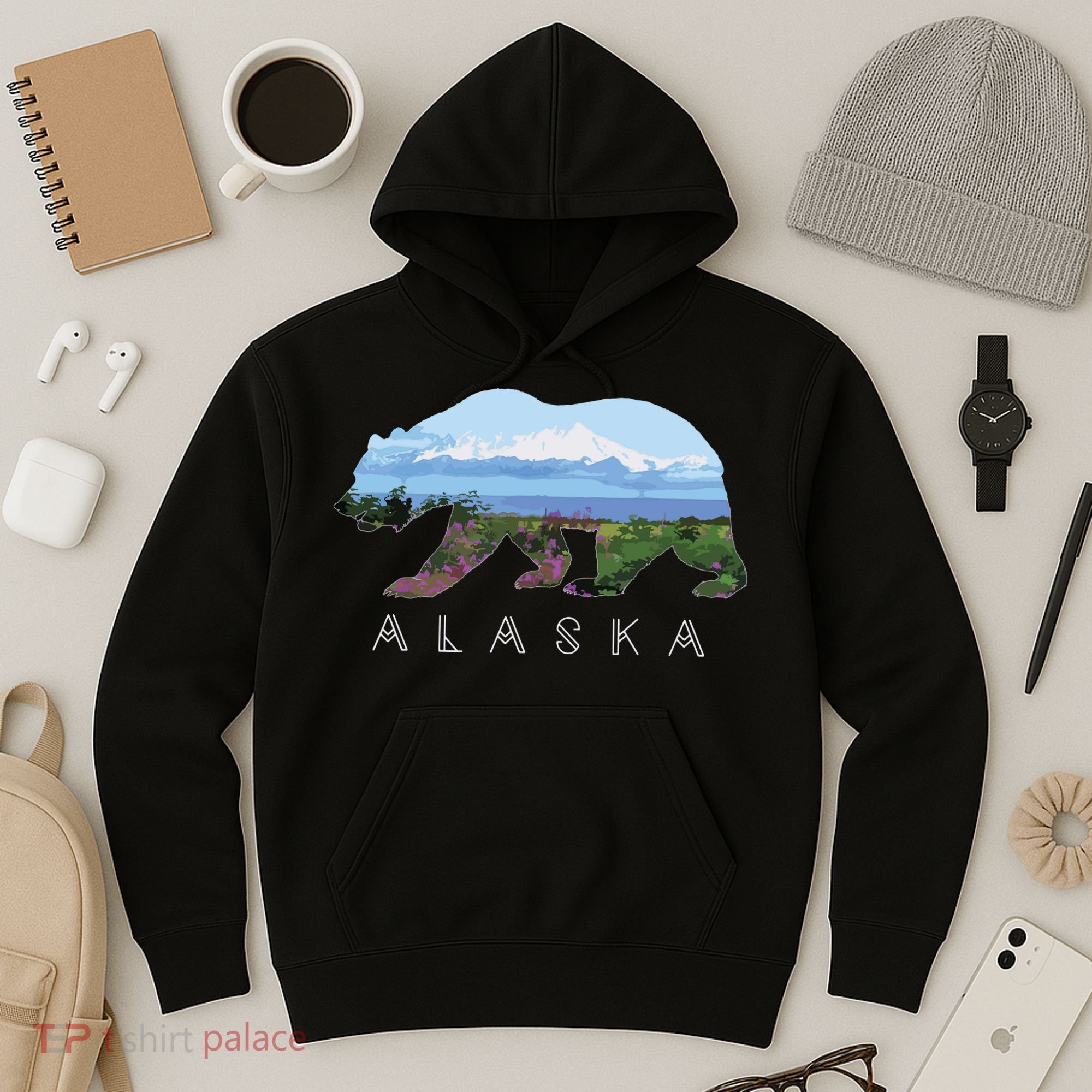Alaskan Bear With Wildflowers Mountain Snow Hoodie