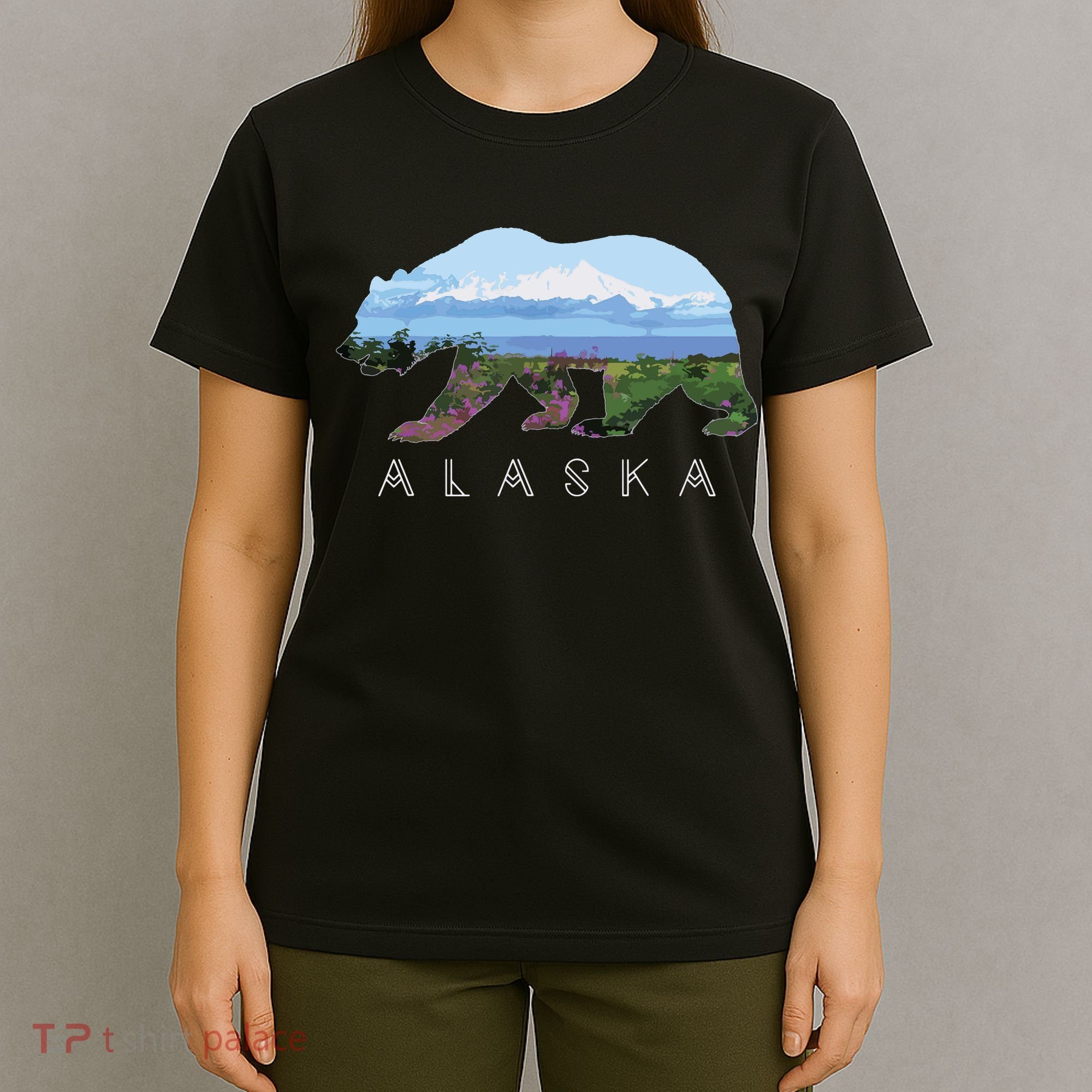 Alaskan Bear With Wildflowers Mountain Snow T-Shirt