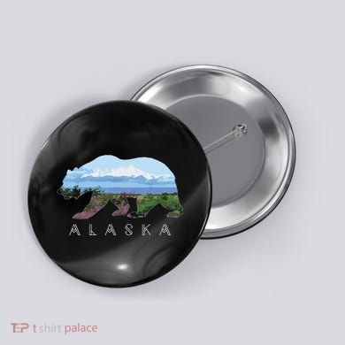 Alaskan Bear With Wildflowers Mountain Snow Button