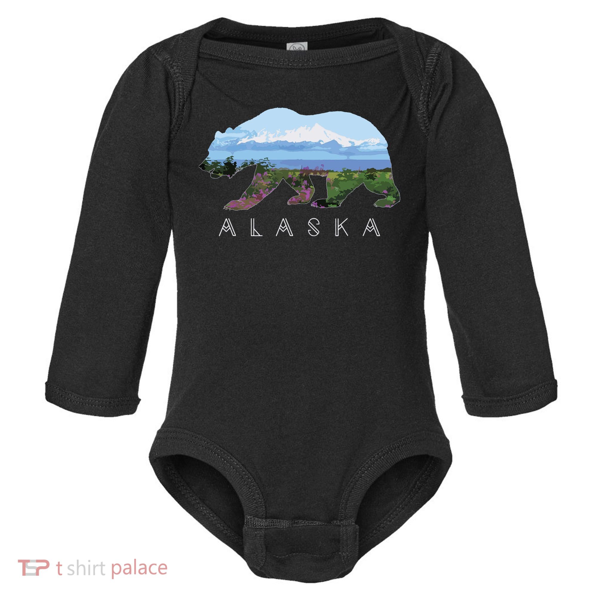 Alaskan Bear With Wildflowers Mountain Snow Baby Long Sleeve Bodysuit