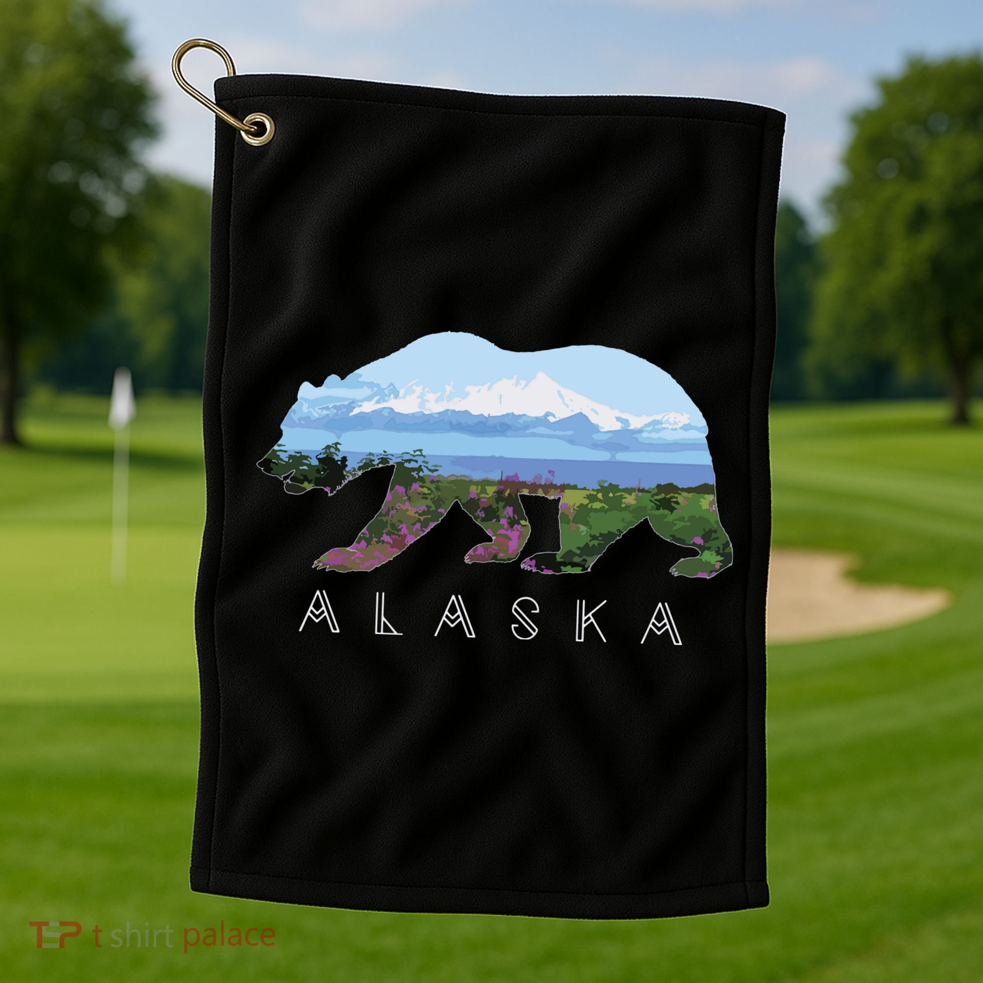 Alaskan Bear With Wildflowers Mountain Snow Golf Towel