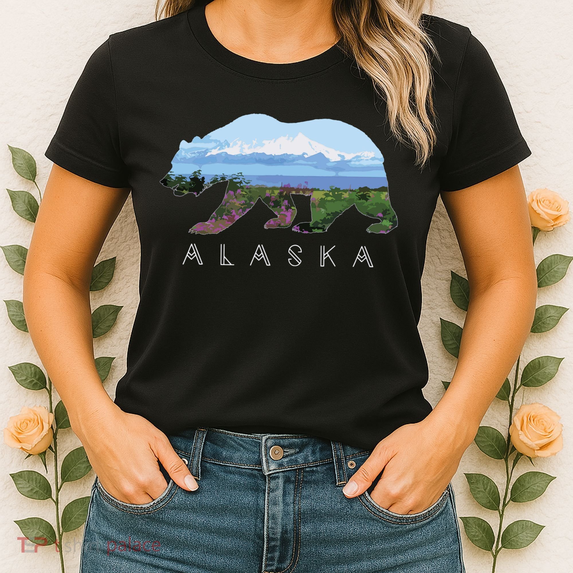 Alaskan Bear With Wildflowers Mountain Snow Women's T-Shirt