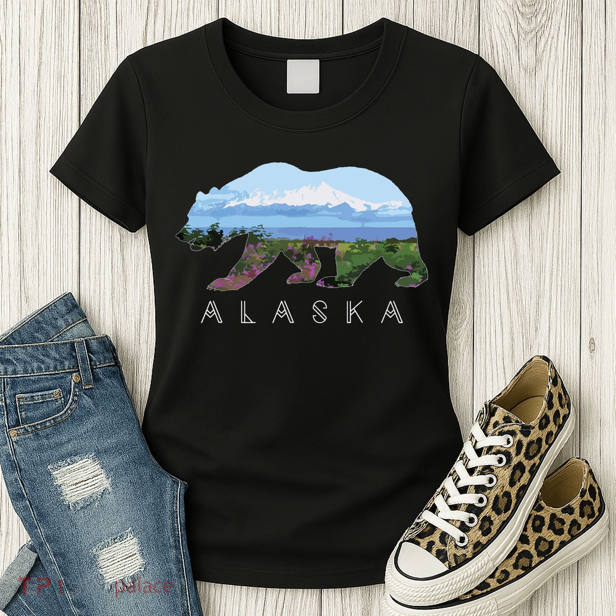 Alaskan Bear With Wildflowers Mountain Snow Women's T-Shirt