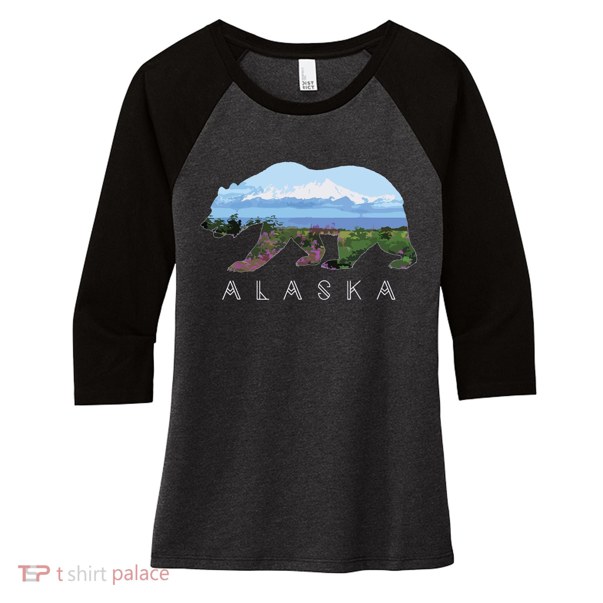 Alaskan Bear With Wildflowers Mountain Snow Women's Tri-Blend 3/4-Sleeve Raglan Shirt