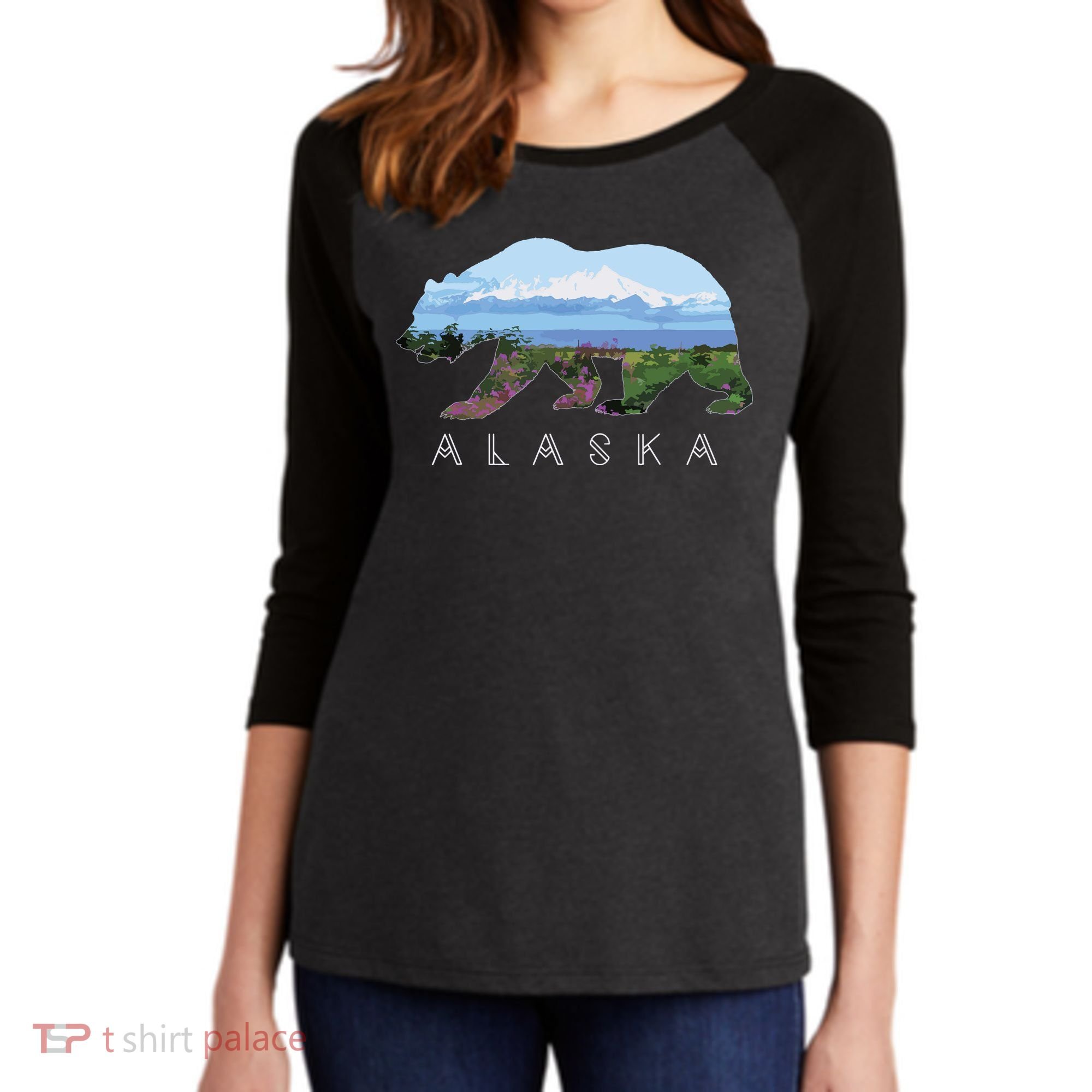 Alaskan Bear With Wildflowers Mountain Snow Women's Tri-Blend 3/4-Sleeve Raglan Shirt