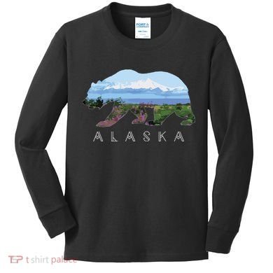 Alaskan Bear With Wildflowers Mountain Snow Kids Long Sleeve Shirt