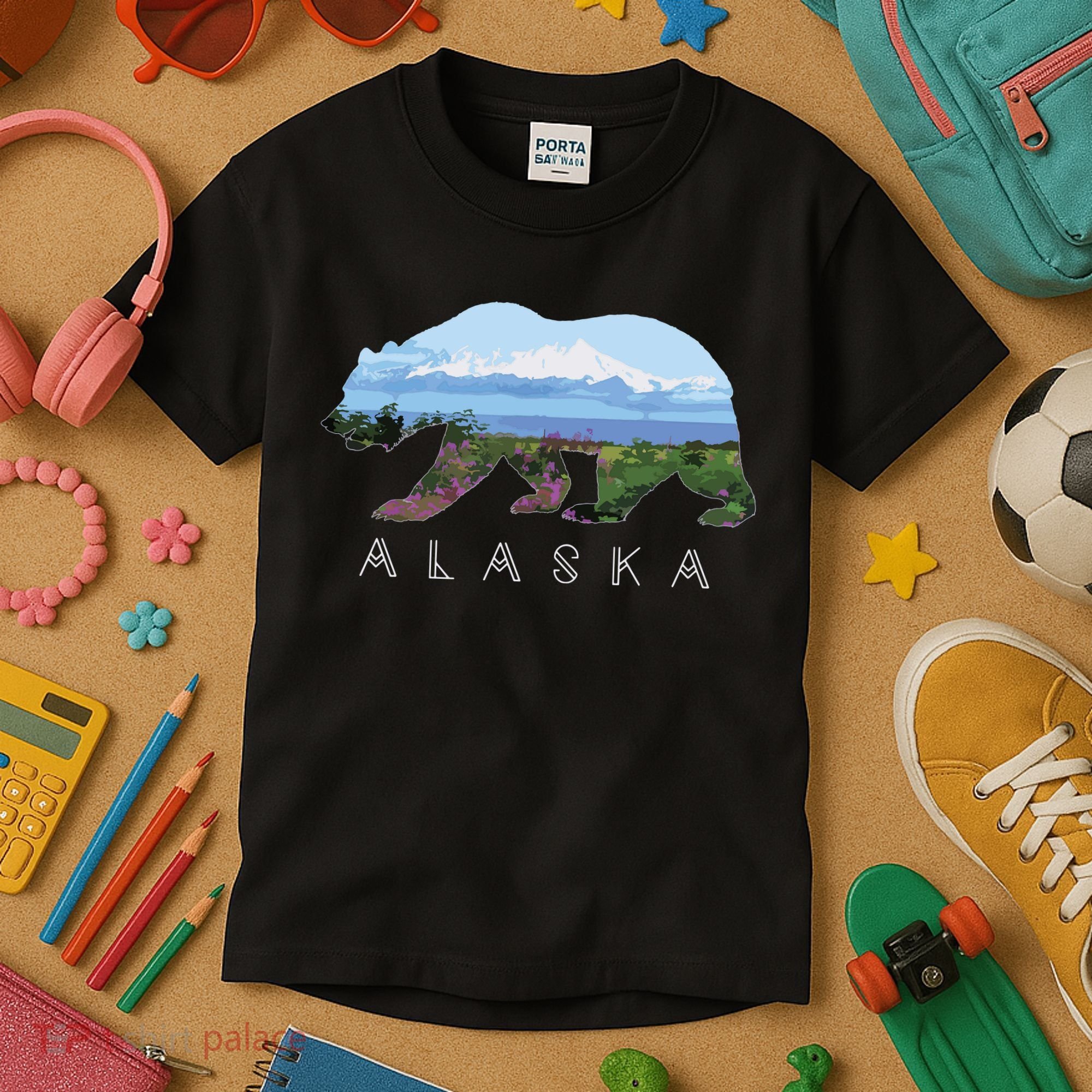 Alaskan Bear With Wildflowers Mountain Snow Kids T-Shirt
