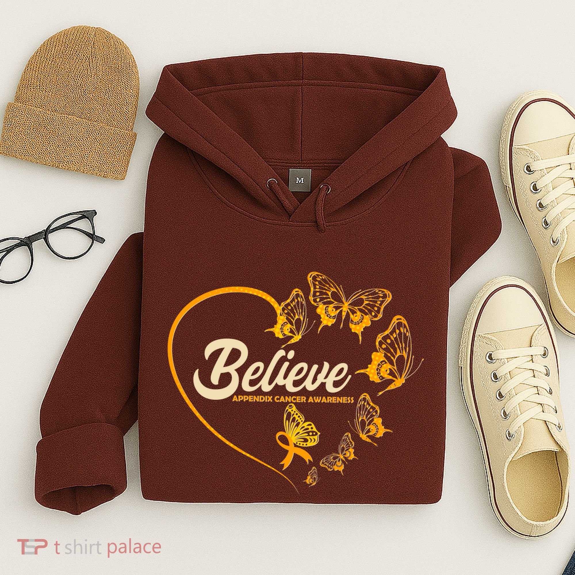 Appendix Cancer Awareness Believe Butterfly Heart Hoodie