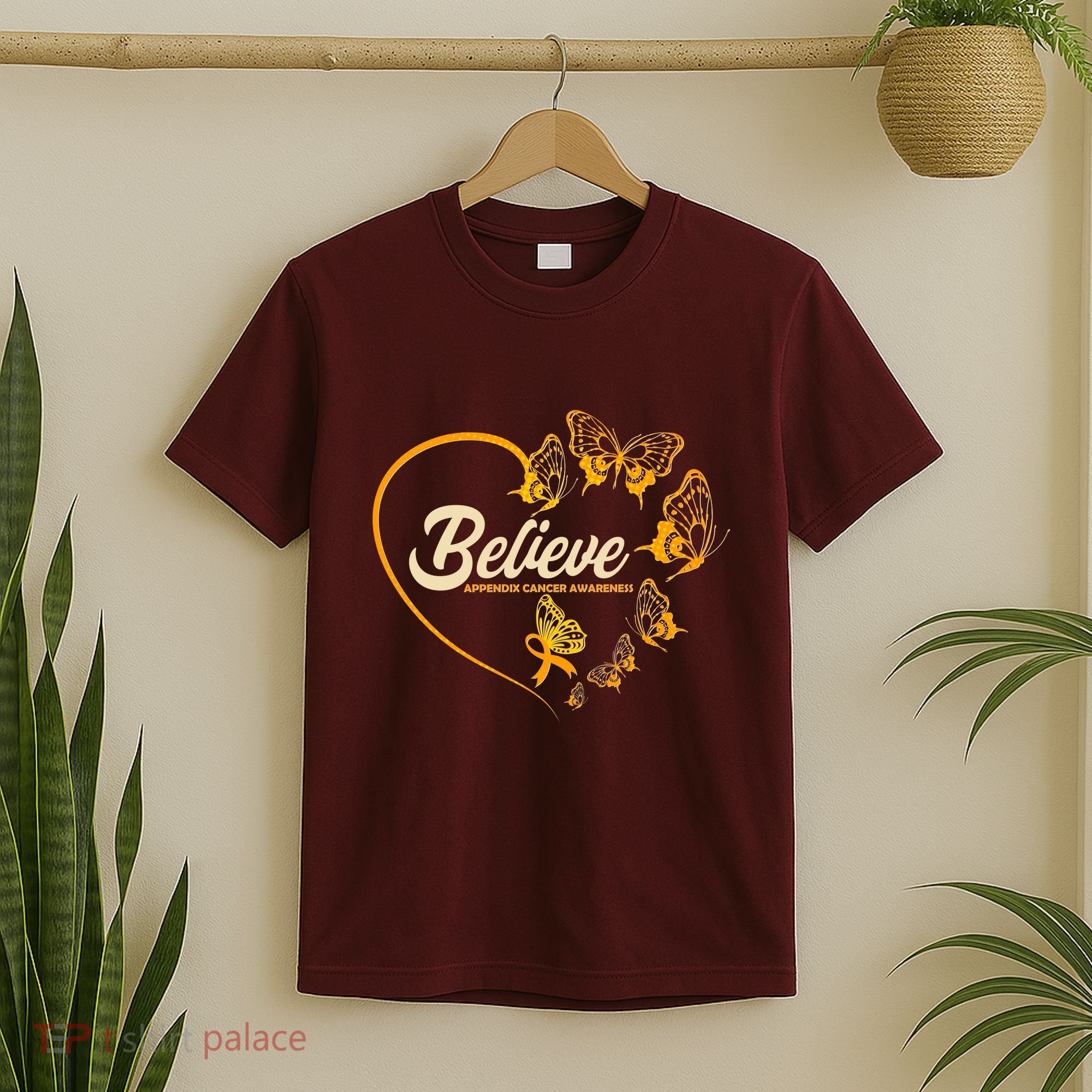 Appendix Cancer Awareness Believe Butterfly Heart T-Shirt