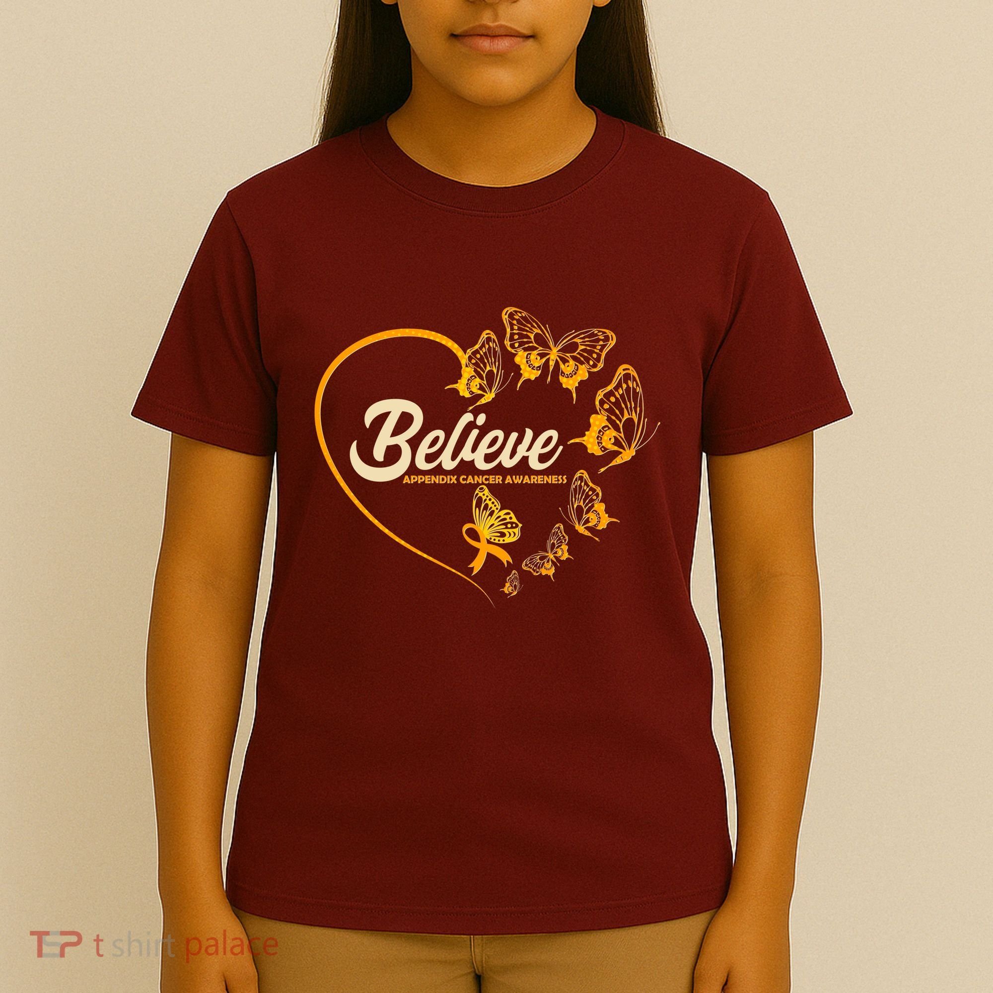 Appendix Cancer Awareness Believe Butterfly Heart T-Shirt