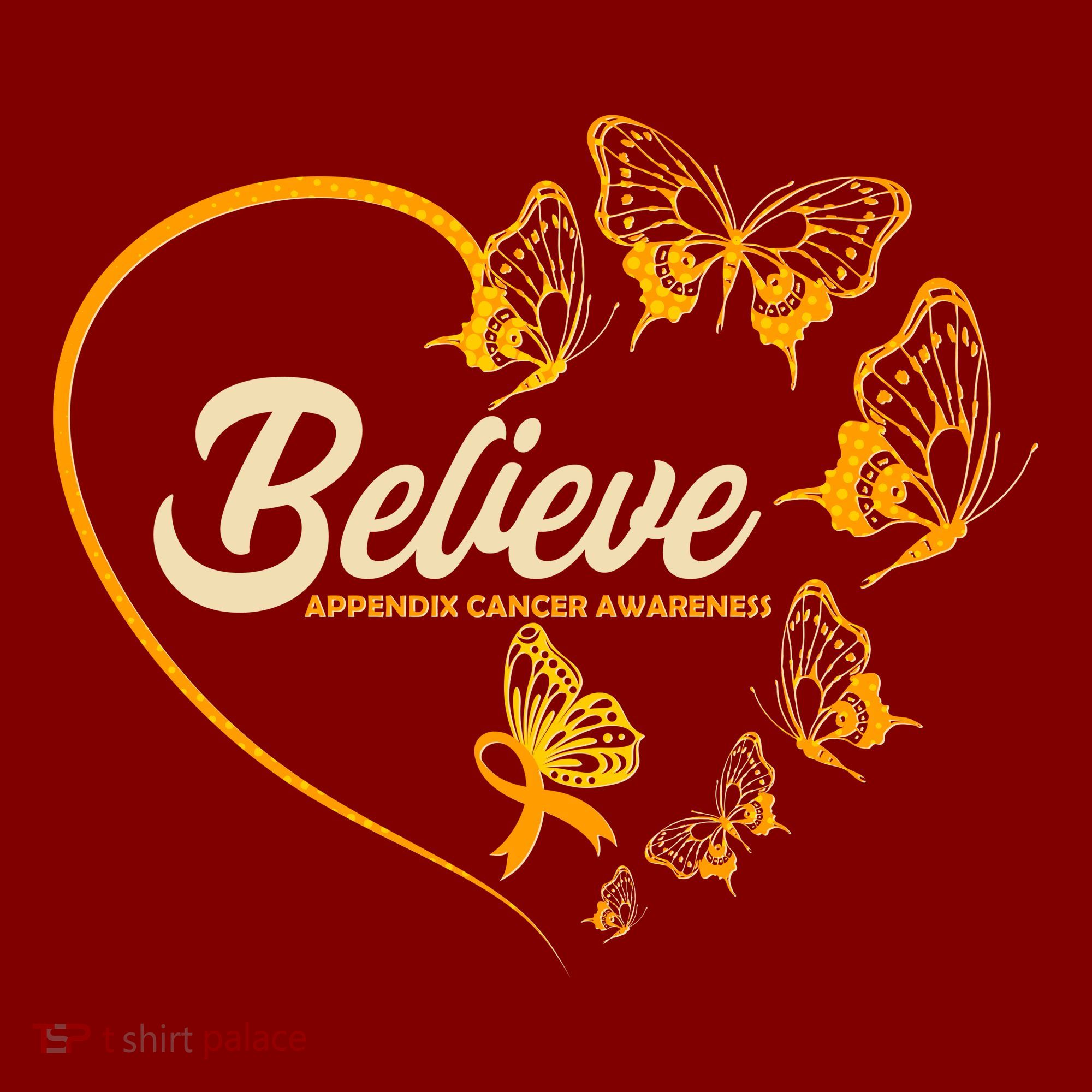 Appendix Cancer Awareness Believe Butterfly Heart T-Shirt