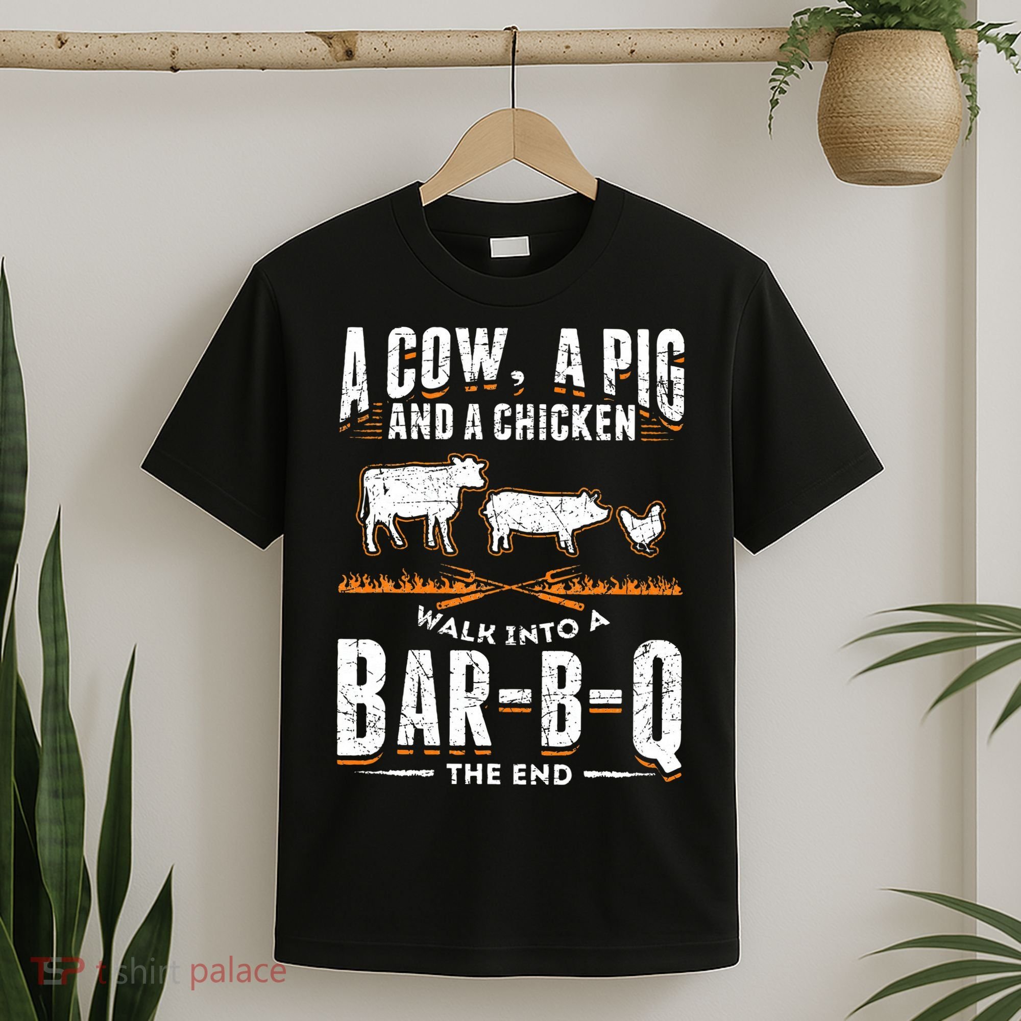 A Cow A Pig And A Chicken Walk Into A Bar B Q The End BBQ T-Shirt