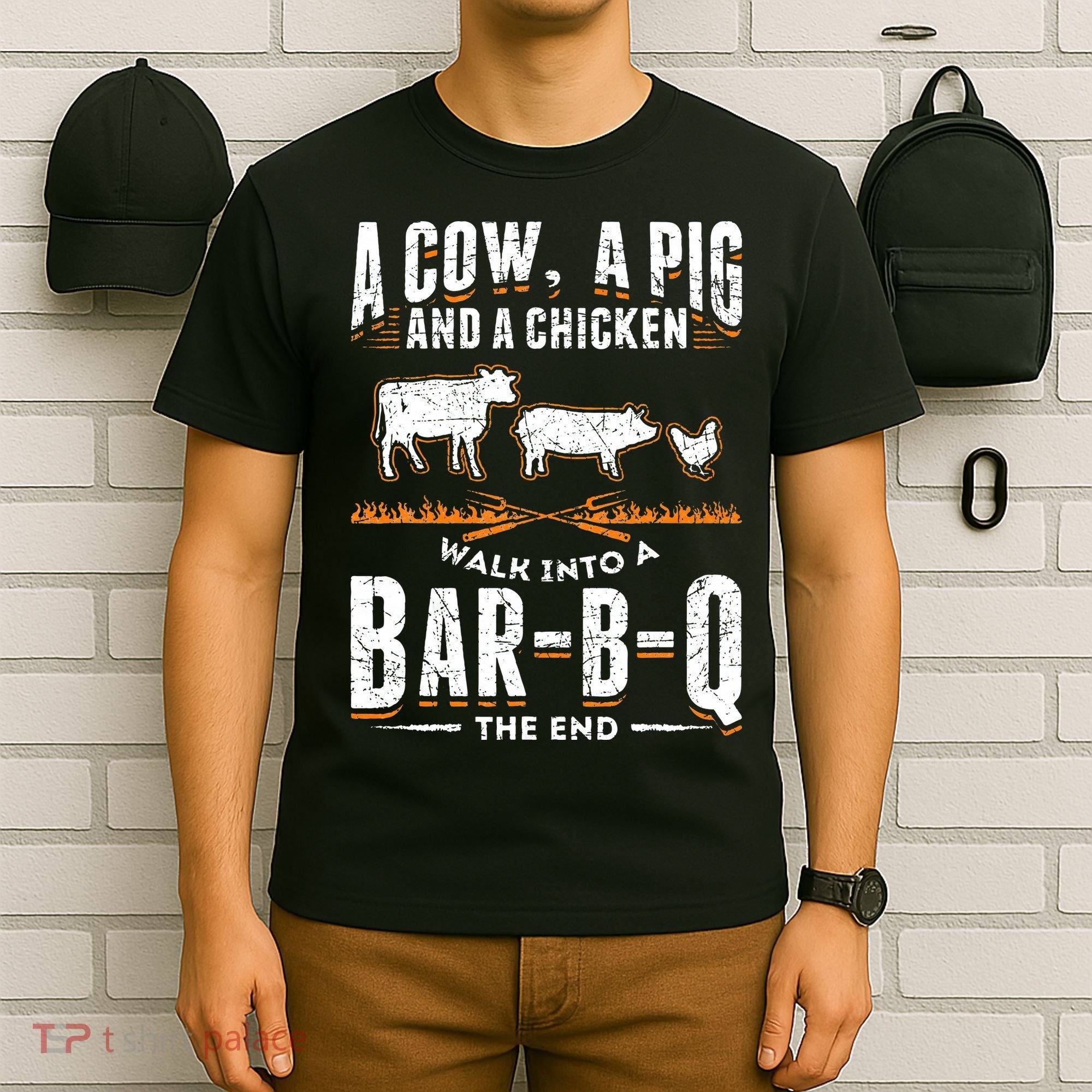 A Cow A Pig And A Chicken Walk Into A Bar B Q The End BBQ T-Shirt