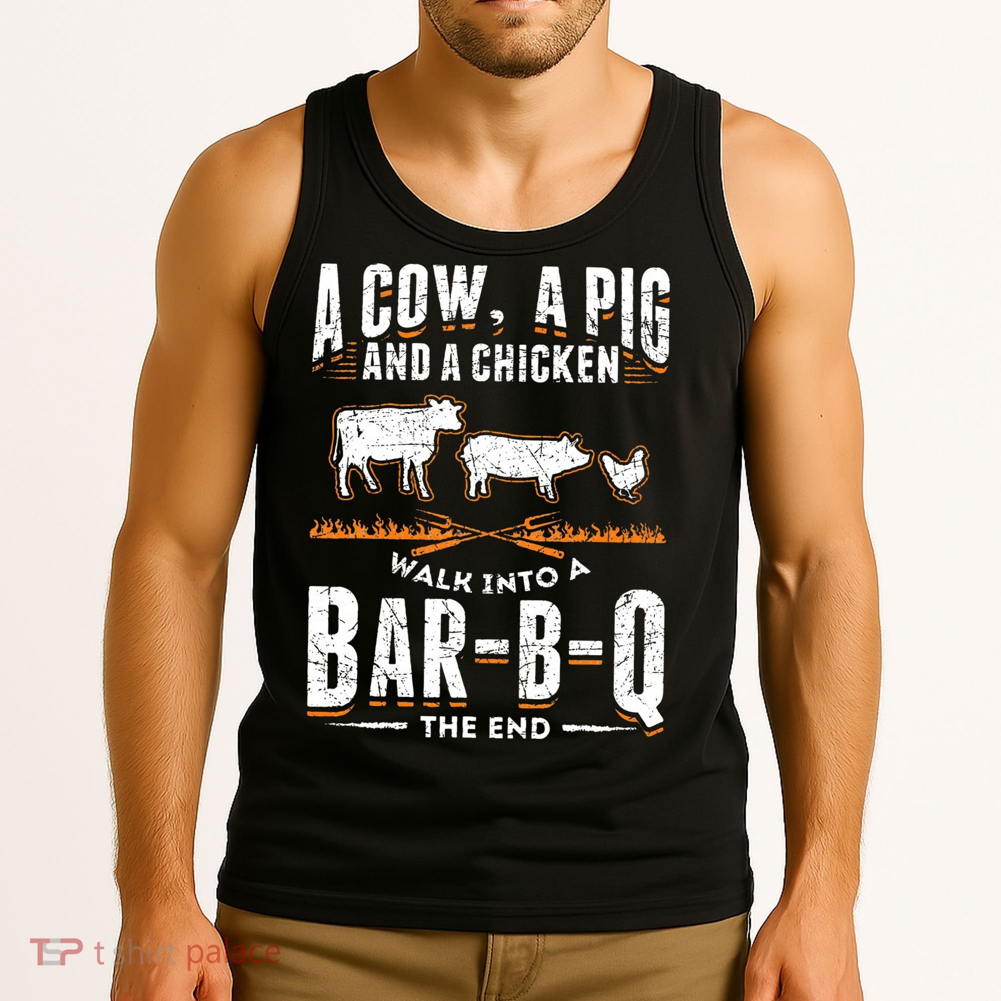 A Cow A Pig And A Chicken Walk Into A Bar B Q The End BBQ Tank Top
