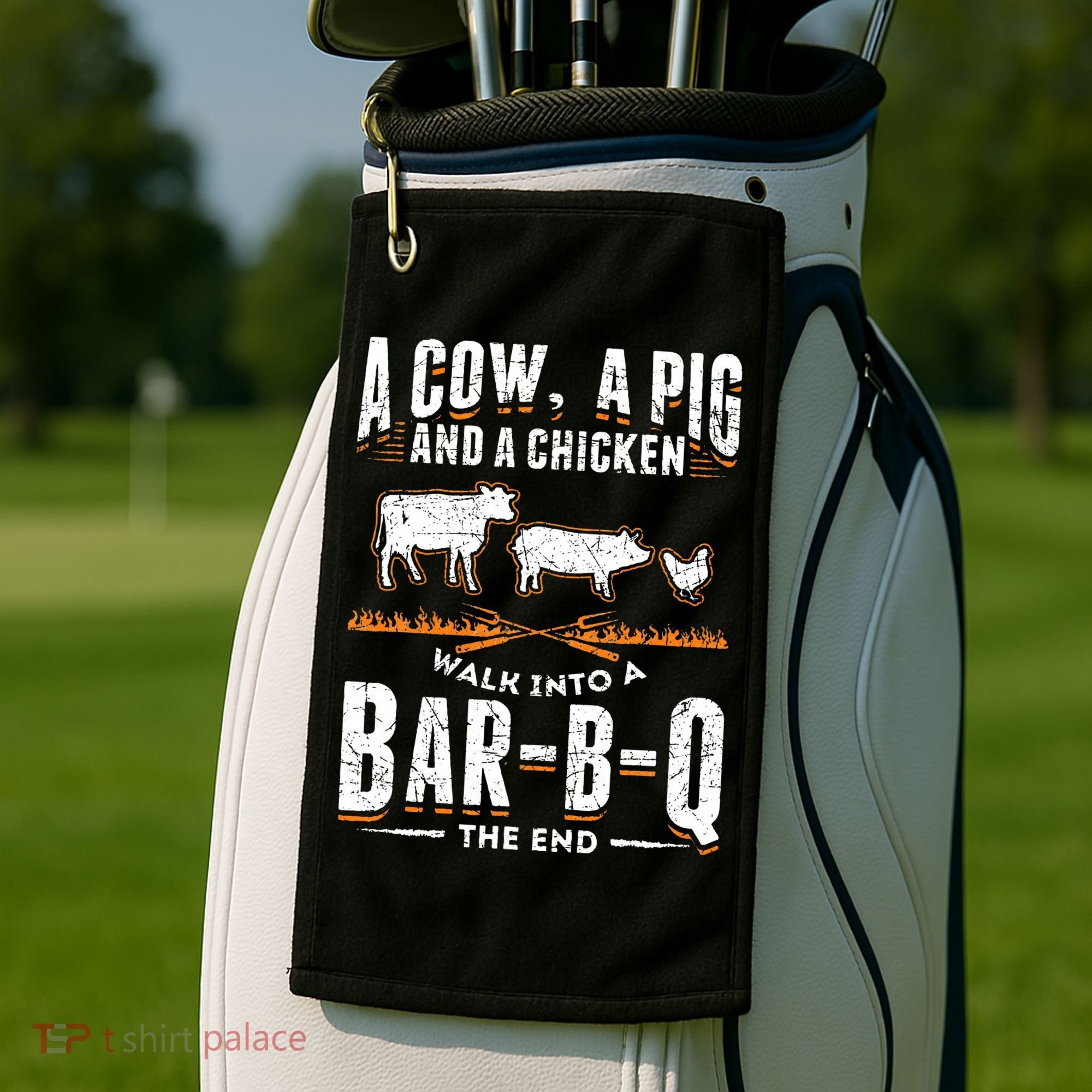 A Cow A Pig And A Chicken Walk Into A Bar B Q The End BBQ Golf Towel