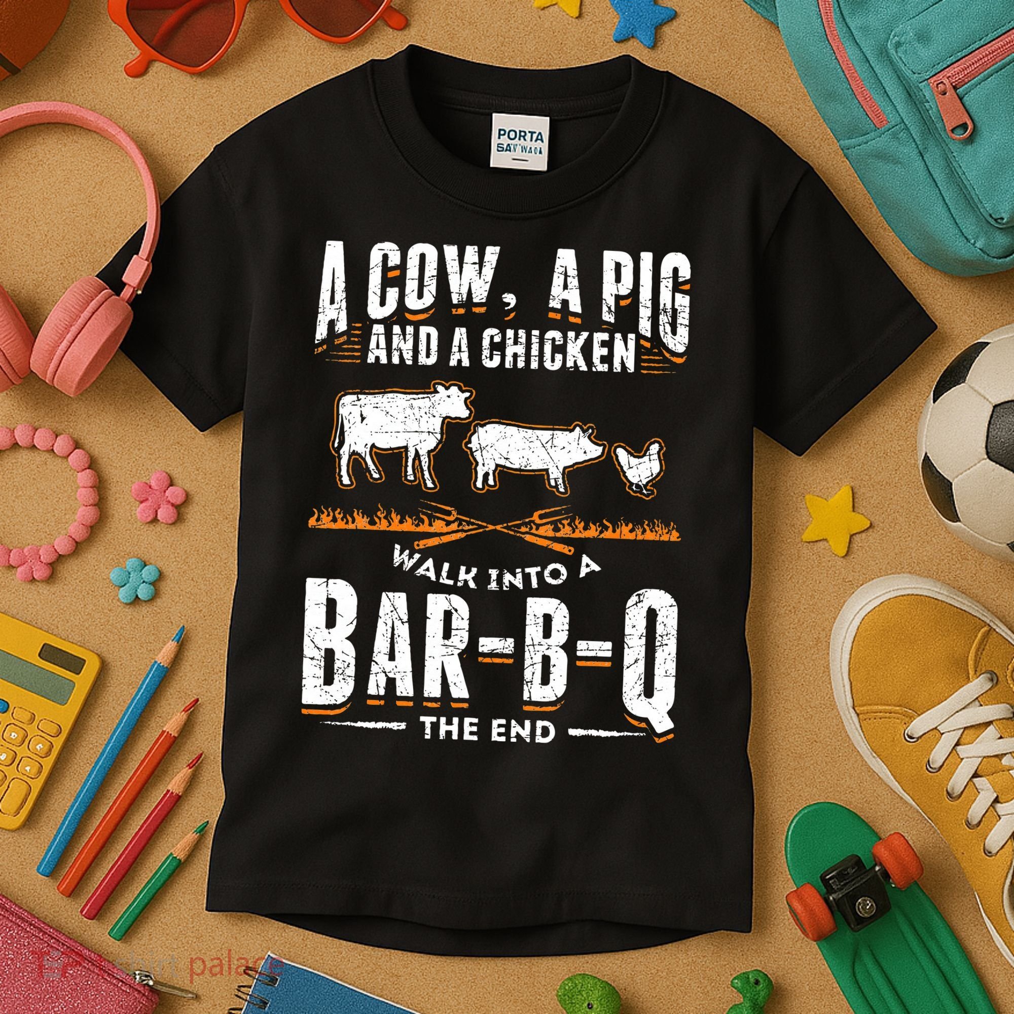 A Cow A Pig And A Chicken Walk Into A Bar B Q The End BBQ Kids T-Shirt