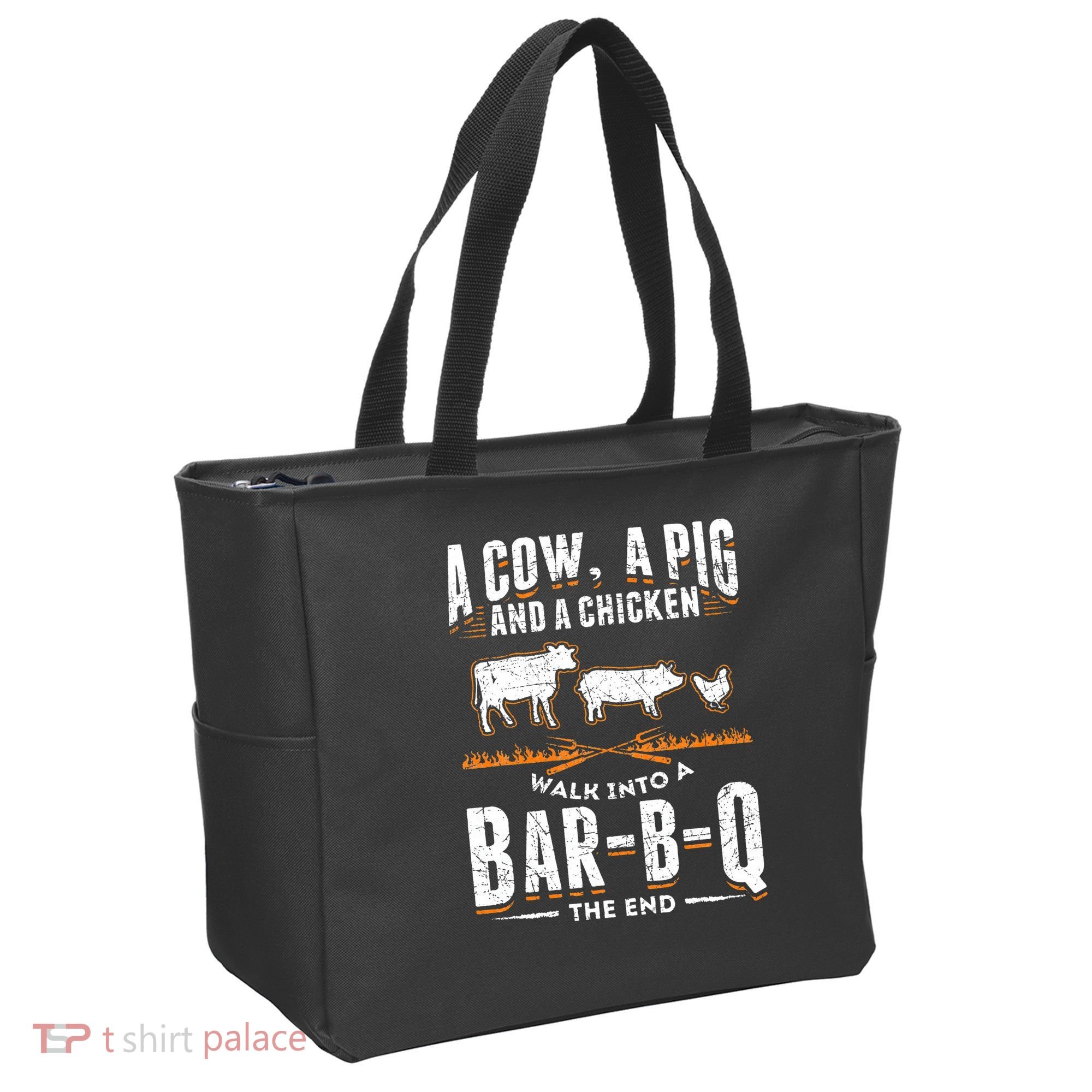A Cow A Pig And A Chicken Walk Into A Bar B Q The End BBQ Tote Bag