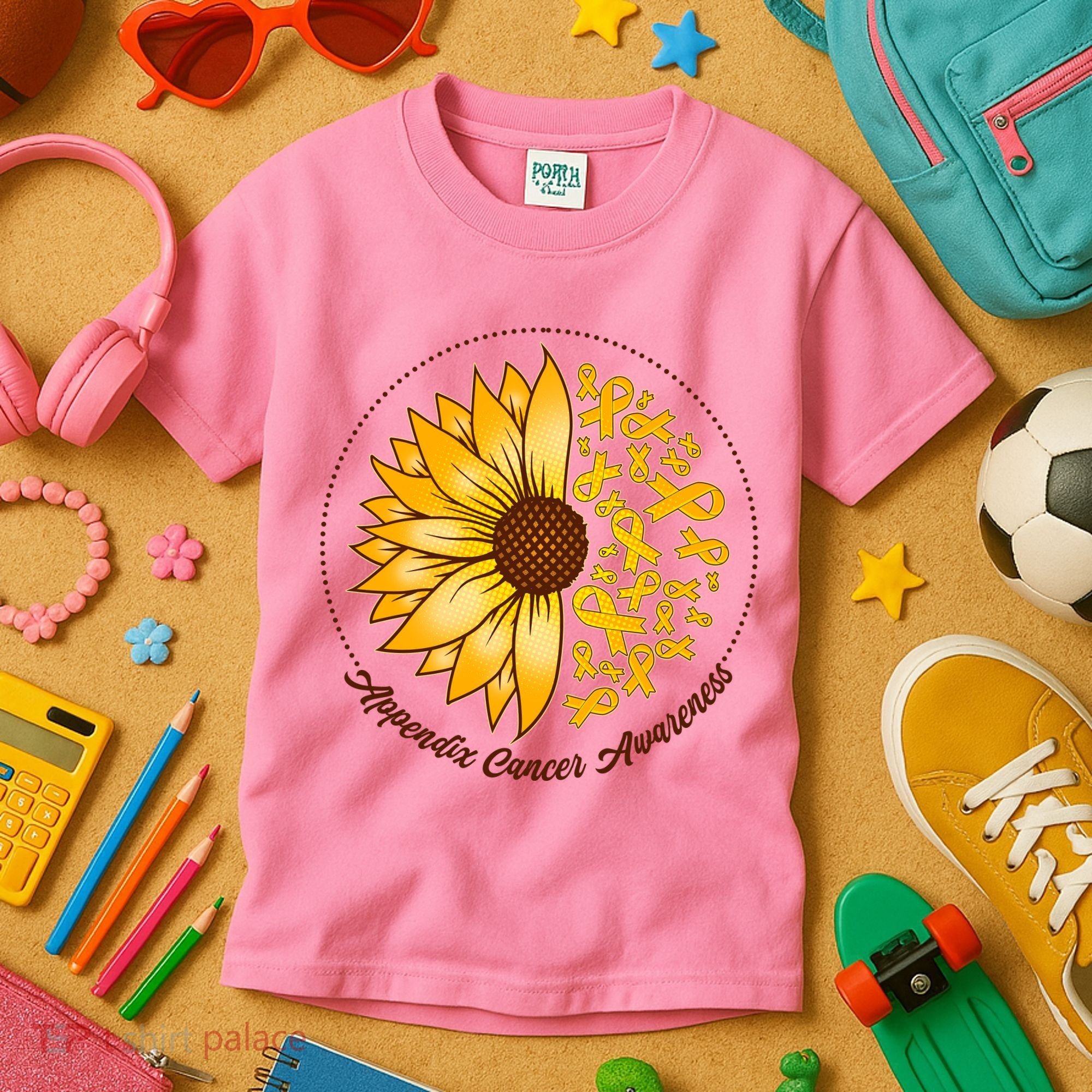 Appendix Cancer Awareness Sunflower Ribbons Kids T-Shirt