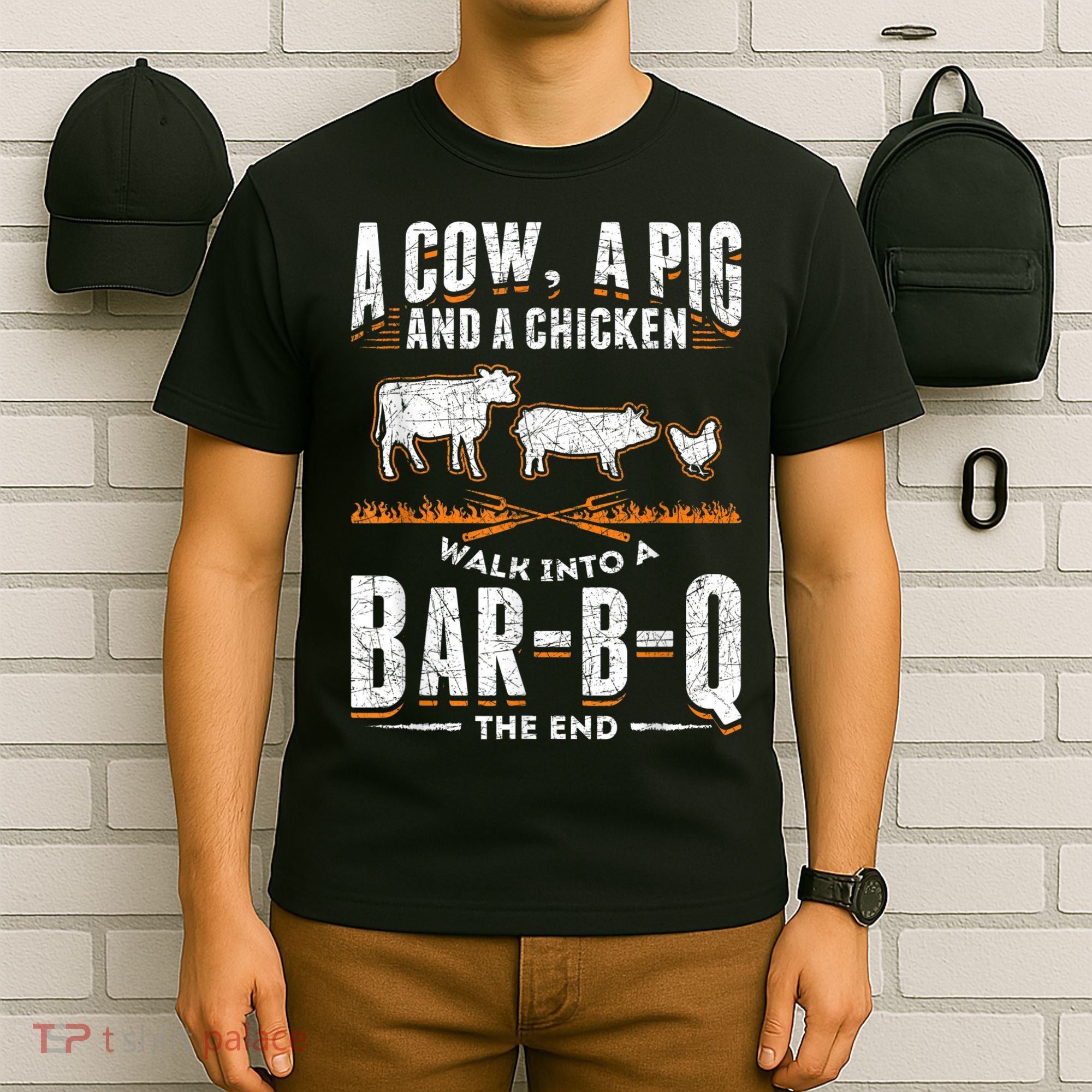 A Cow A Pig And A Chicken Walk Into A Bar B Q The End BBQ T-Shirt