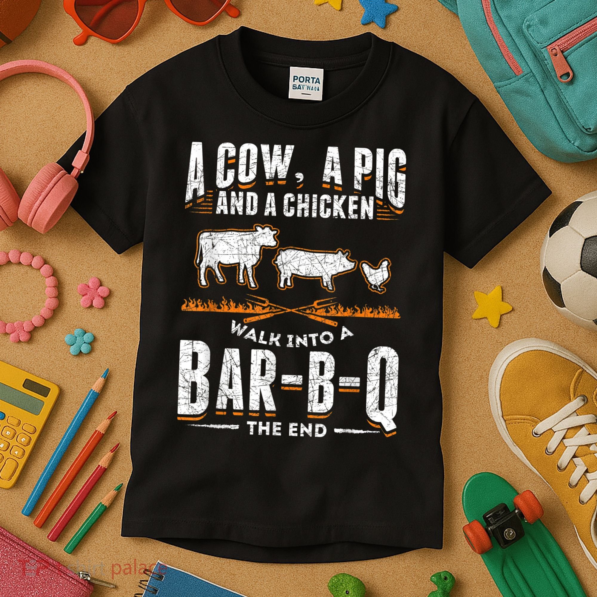 A Cow A Pig And A Chicken Walk Into A Bar B Q The End BBQ Kids T-Shirt