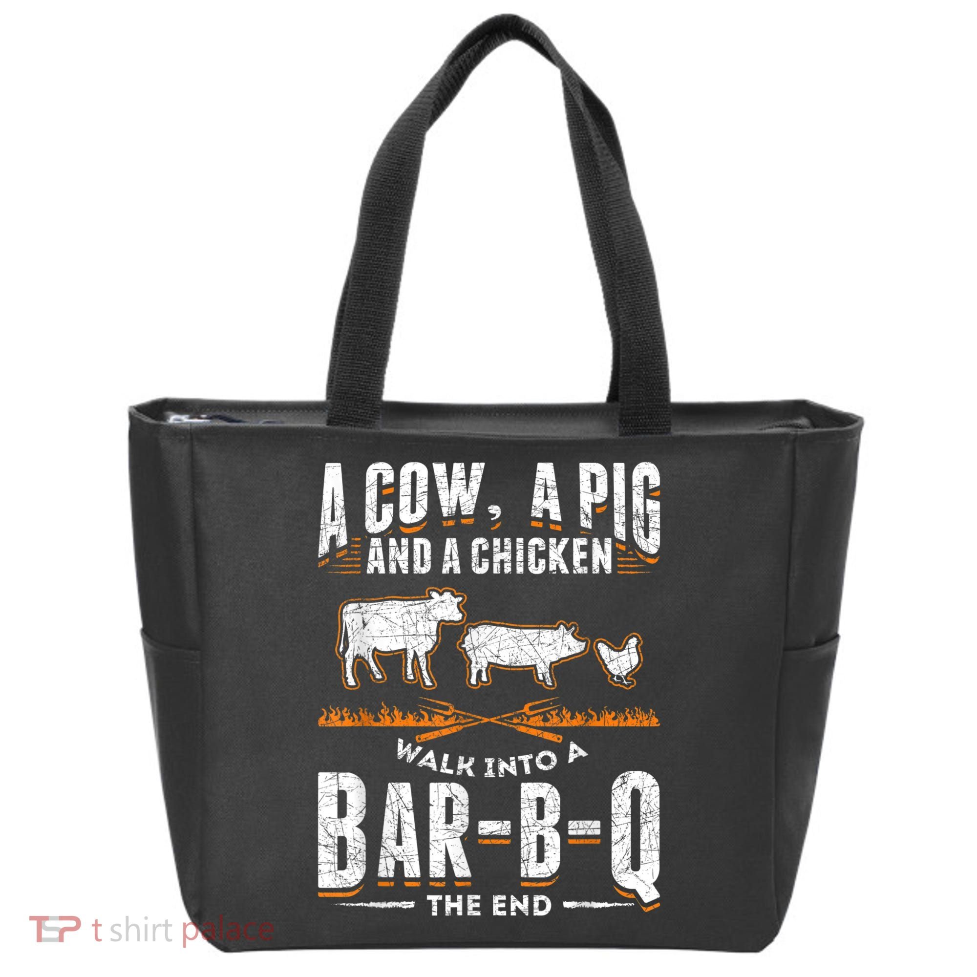 A Cow A Pig And A Chicken Walk Into A Bar B Q The End BBQ Tote Bag
