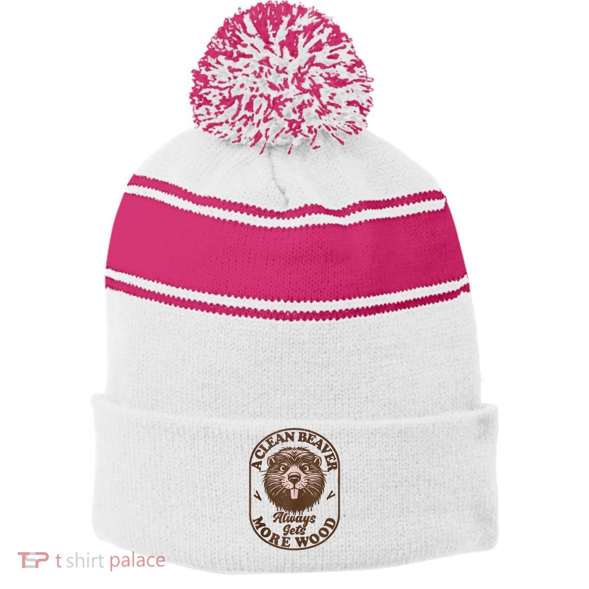 A Clean Beaver Always Gets More Wood Graphic Funny Raunchy Stripe Pom Pom Beanie