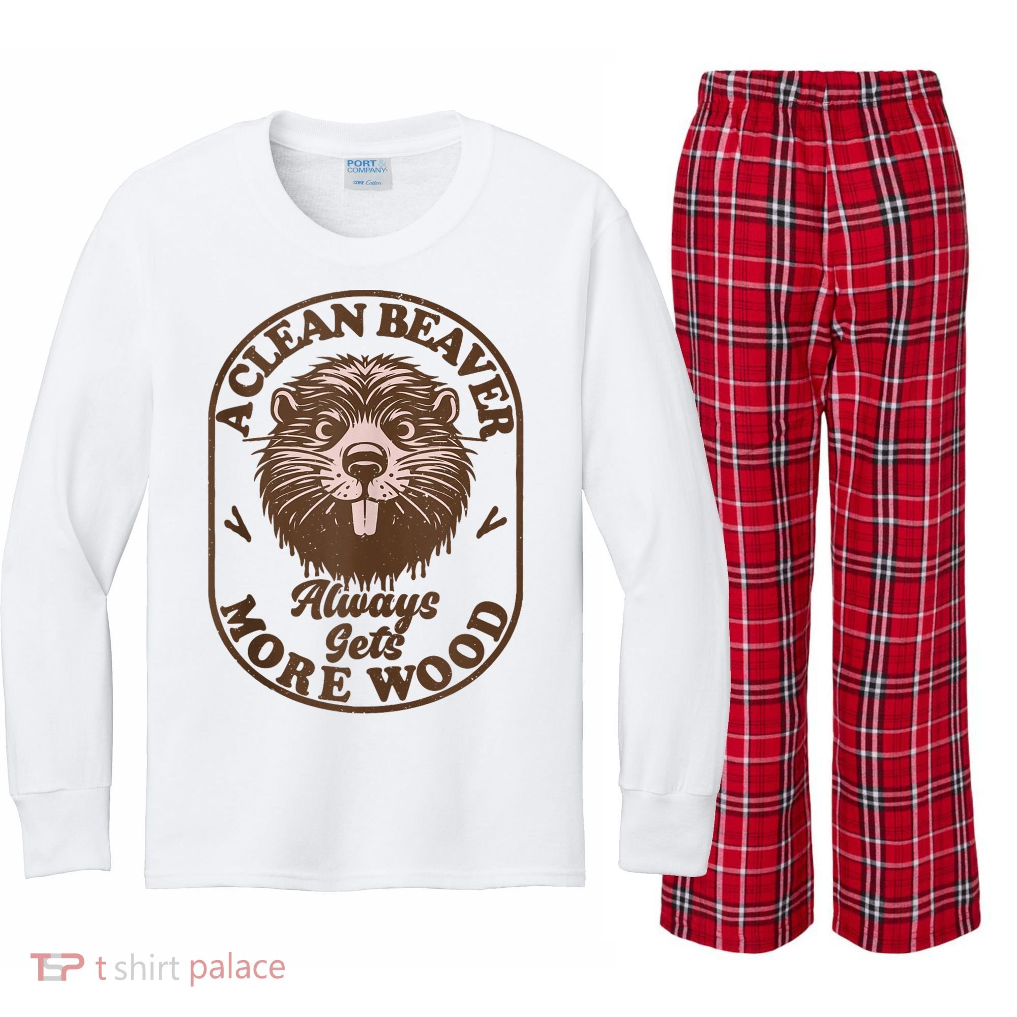 A Clean Beaver Always Gets More Wood Graphic Funny Raunchy Kids Long Sleeve Plaid Pajama Set